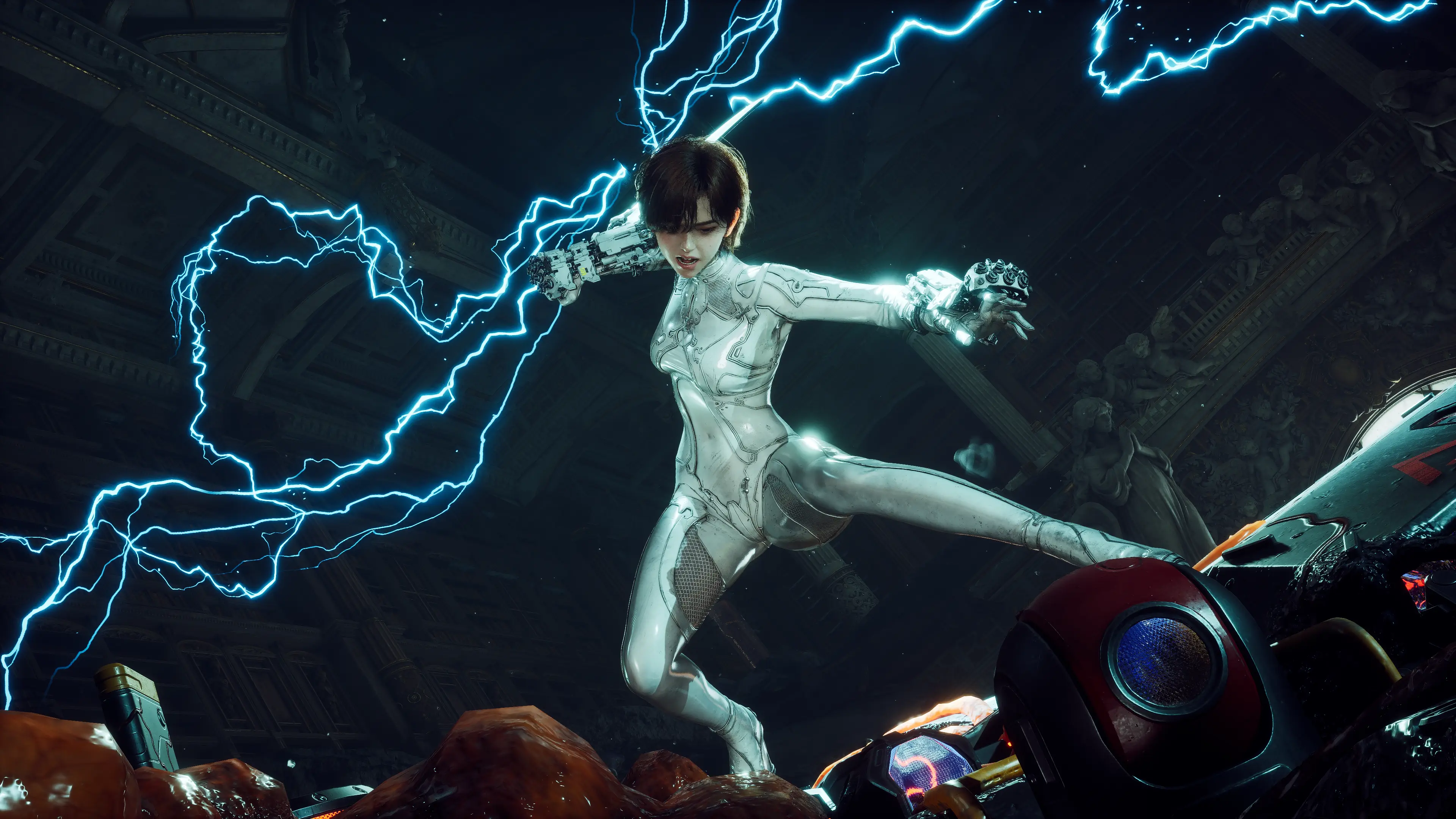 Gameplay screenshot: Evie launches an electrically charged attack against a large machine inside an ornate hall in Stellar Blade: Blood Rain.