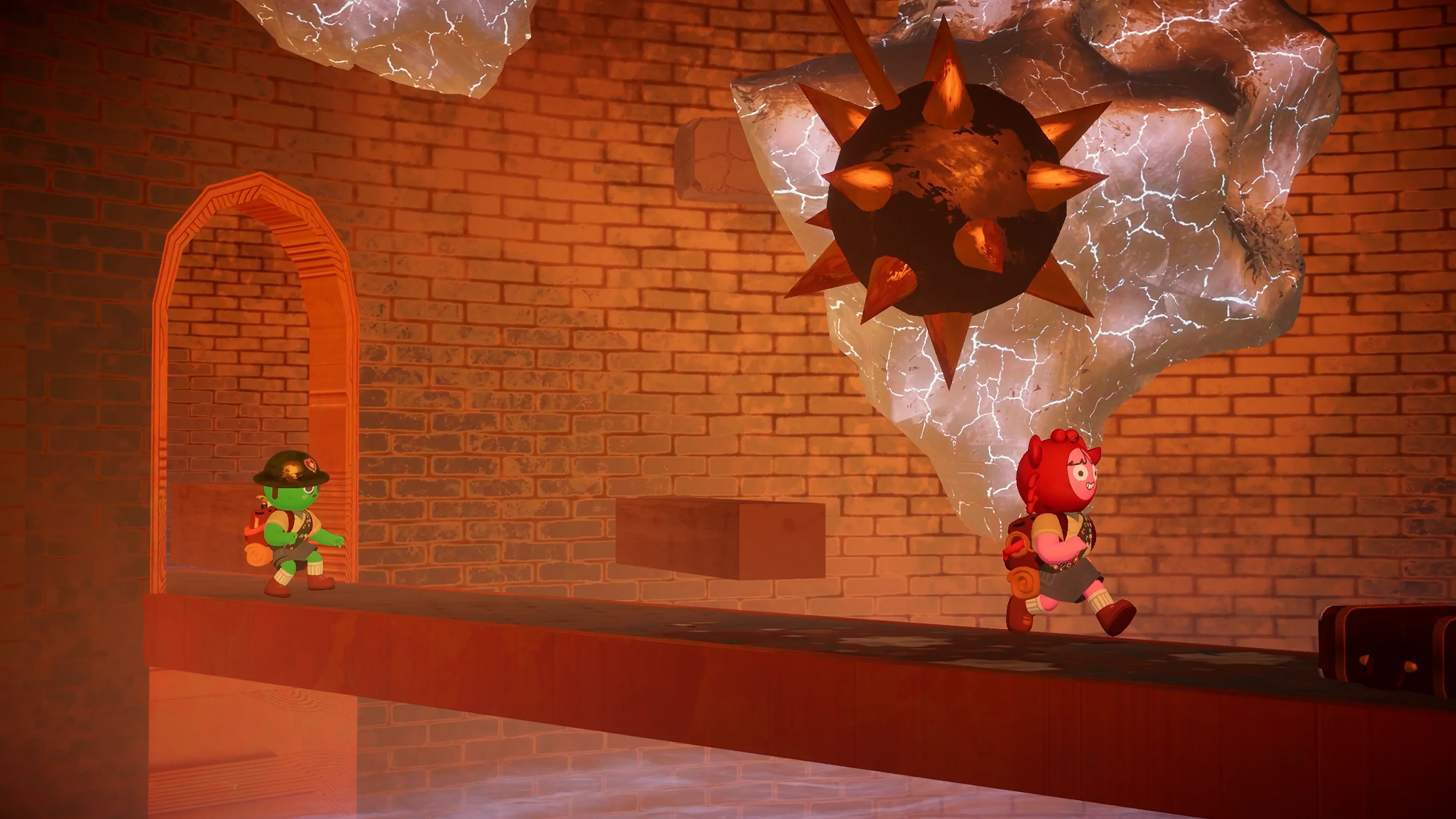 Two PEAK scouts run beneath a large swinging spiked mace inside THE CITADEL.