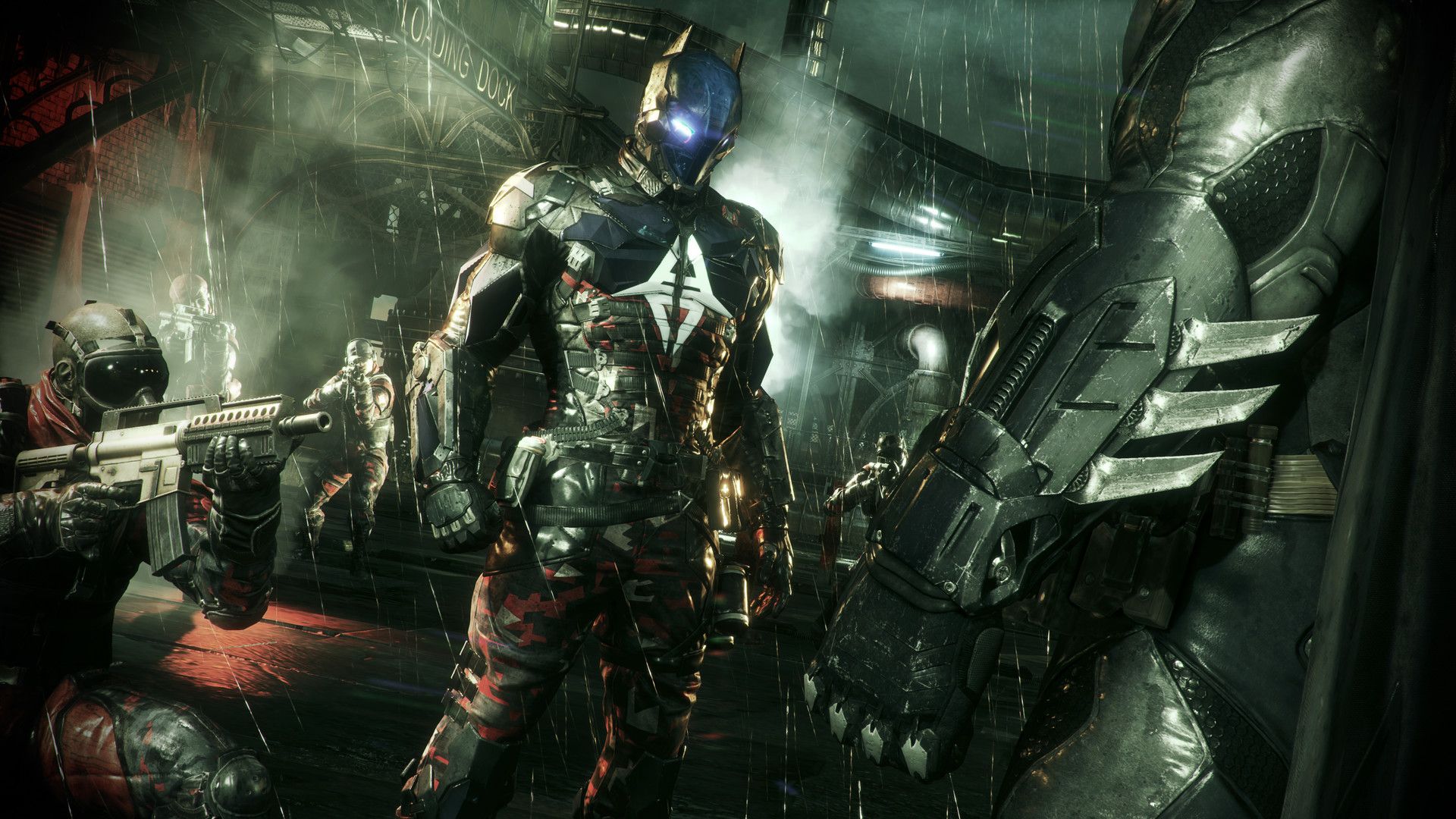 Batman faces an armored figure amid armed soldiers in a city street.