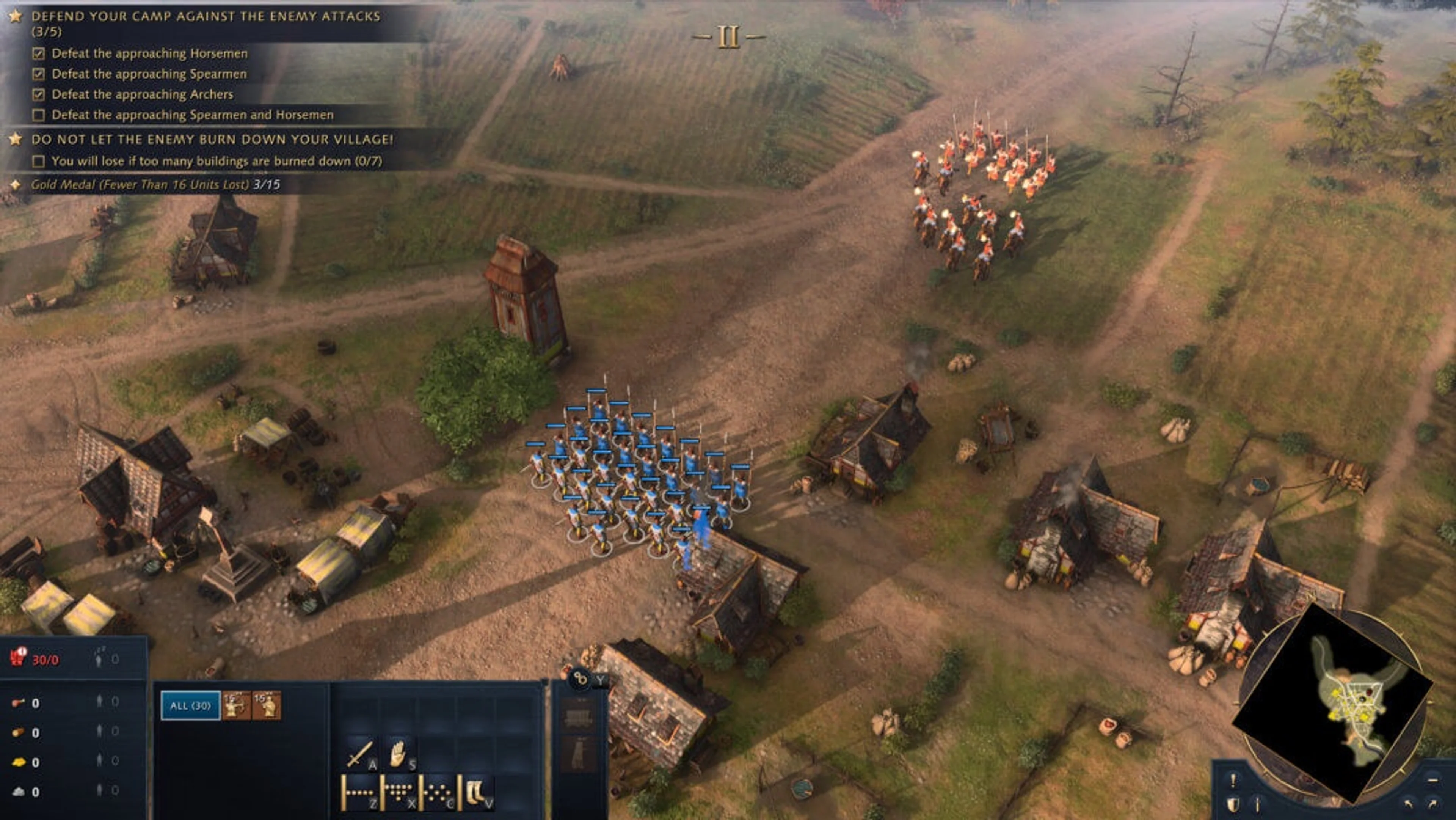 The Basic Combat challenge shows blue troops at lower left and approaching red cavalry and infantry above. Look at both enemy groups before choosing a response; this is not a fight against one unit type.