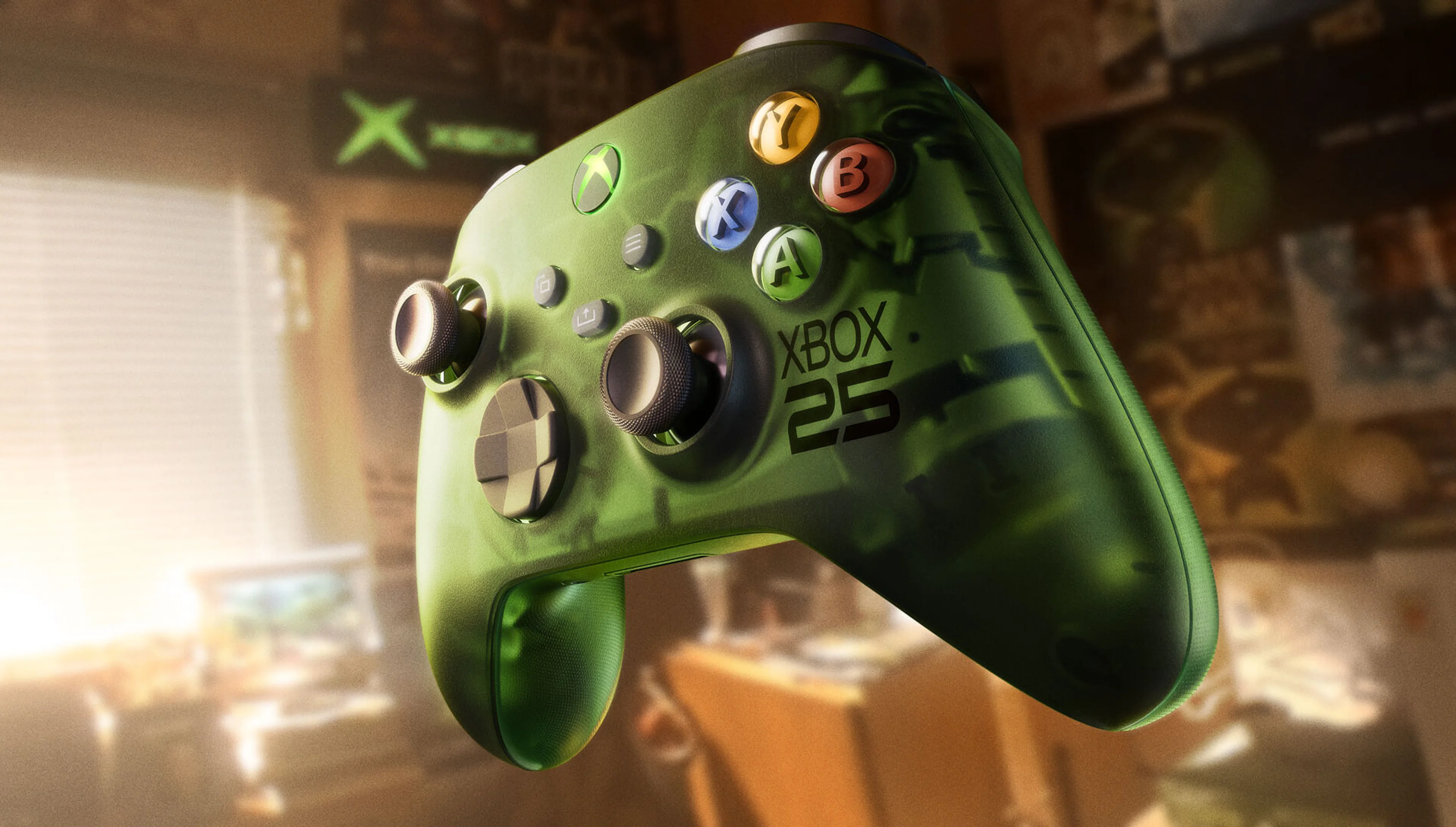 The translucent green Xbox Wireless Controller X25 Special Edition features Xbox 25 branding and colored face buttons.