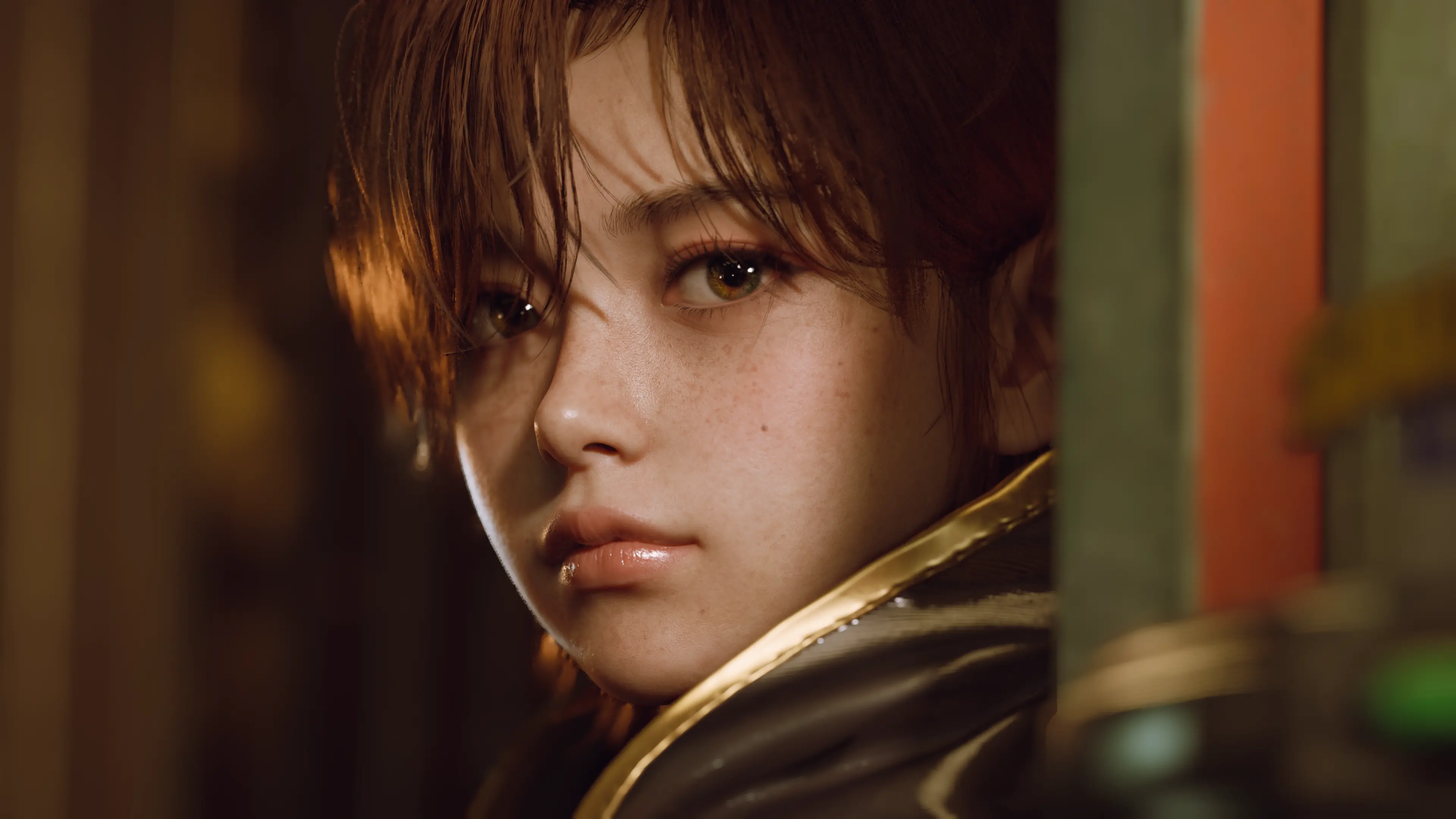 Official screenshot: a close-up portrait of the new protagonist Evie looking through a train window in Stellar Blade: Blood Rain.