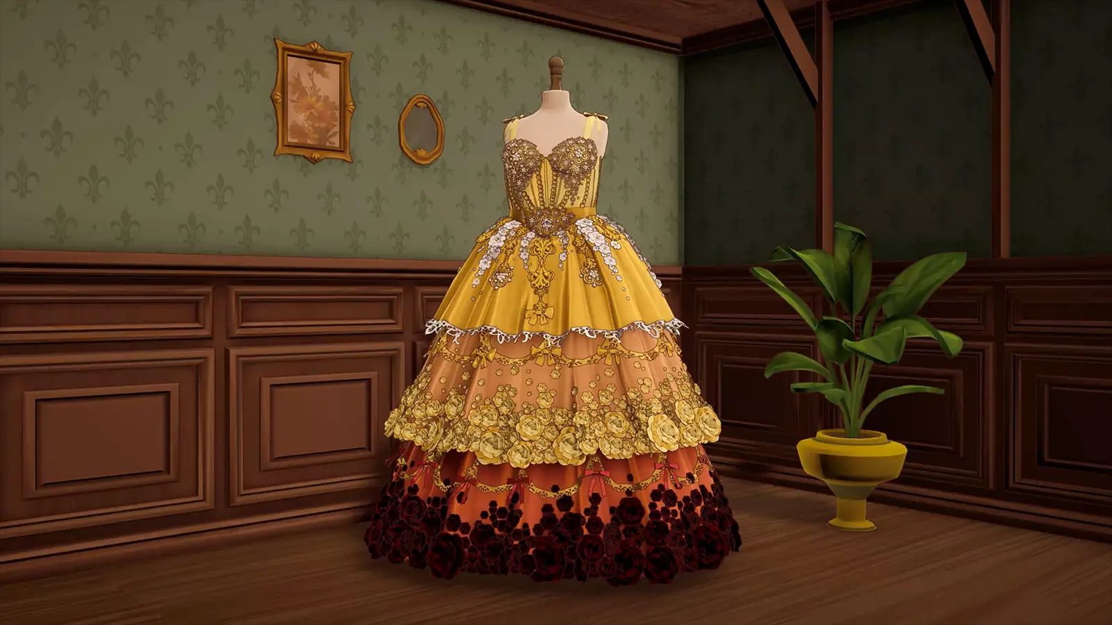 An elaborate gold and red dress on a mannequin in Dressmaker.