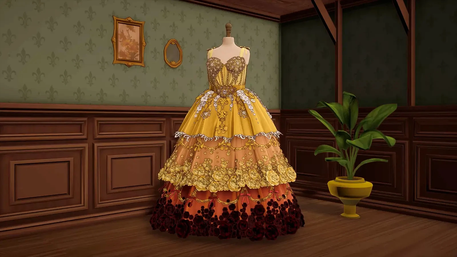 An elaborate gold and red dress on a mannequin in Dressmaker.