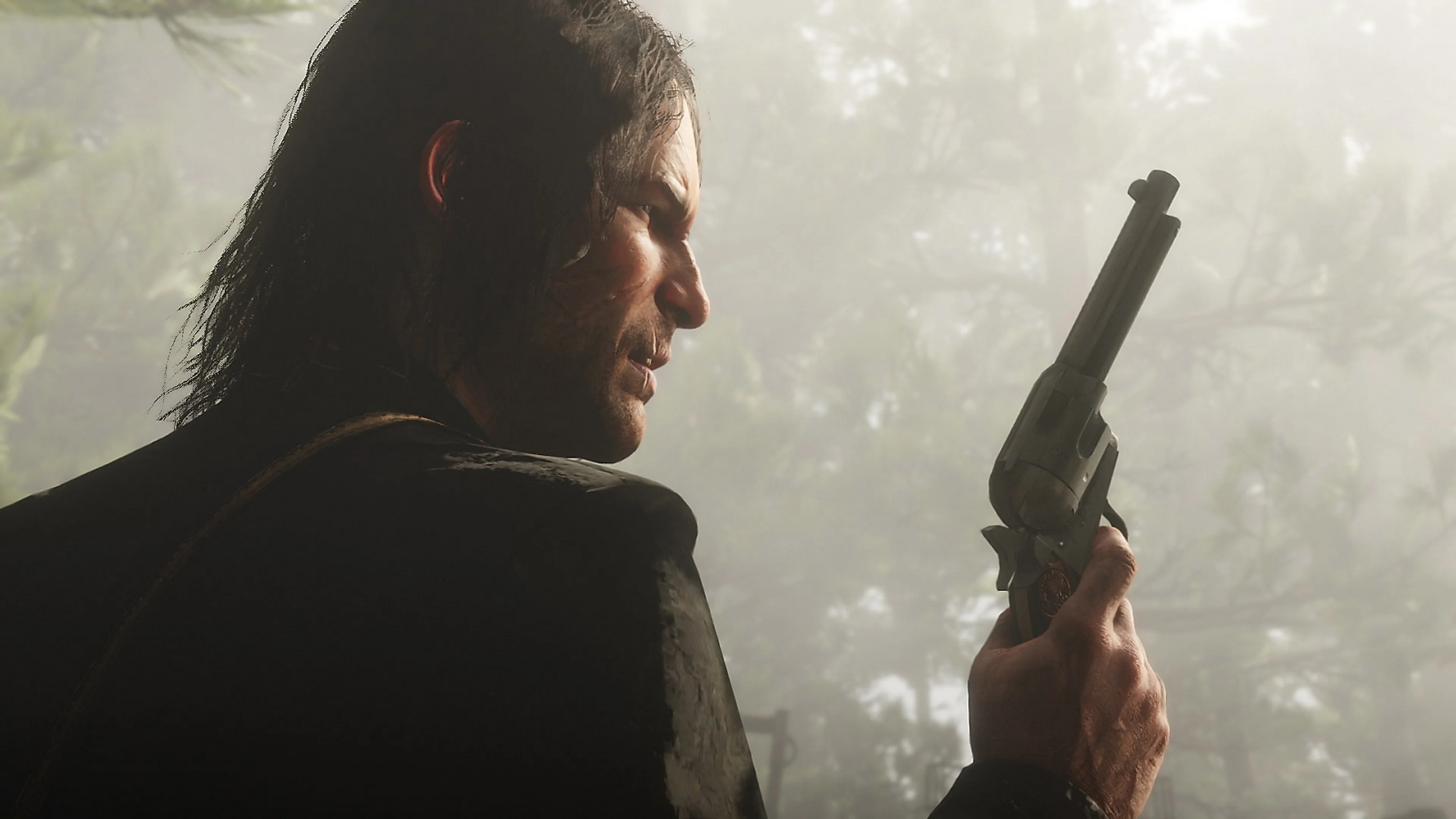 Arthur Morgan moving through a forest with a handgun.