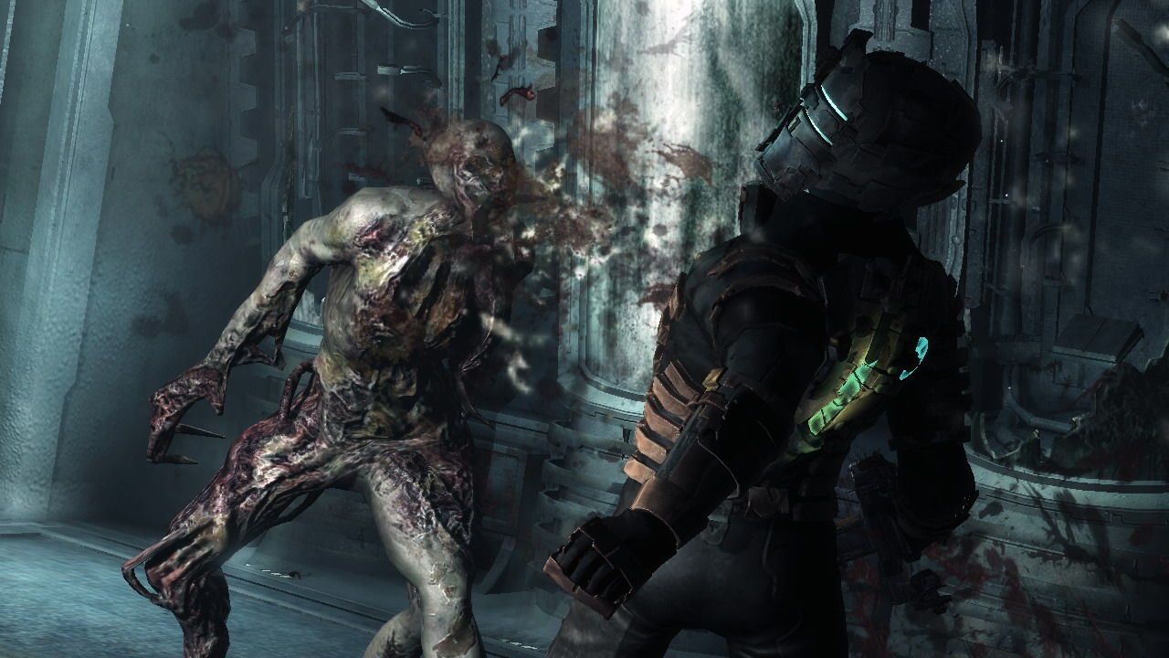 Isaac faces a Necromorph in a pale, lit station corridor.