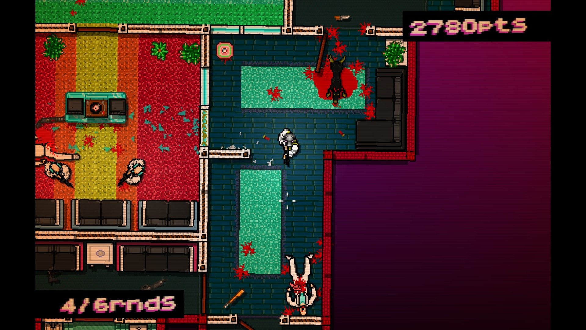The masked player stands in a blue-floored corridor between rooms, with a body at the lower edge.