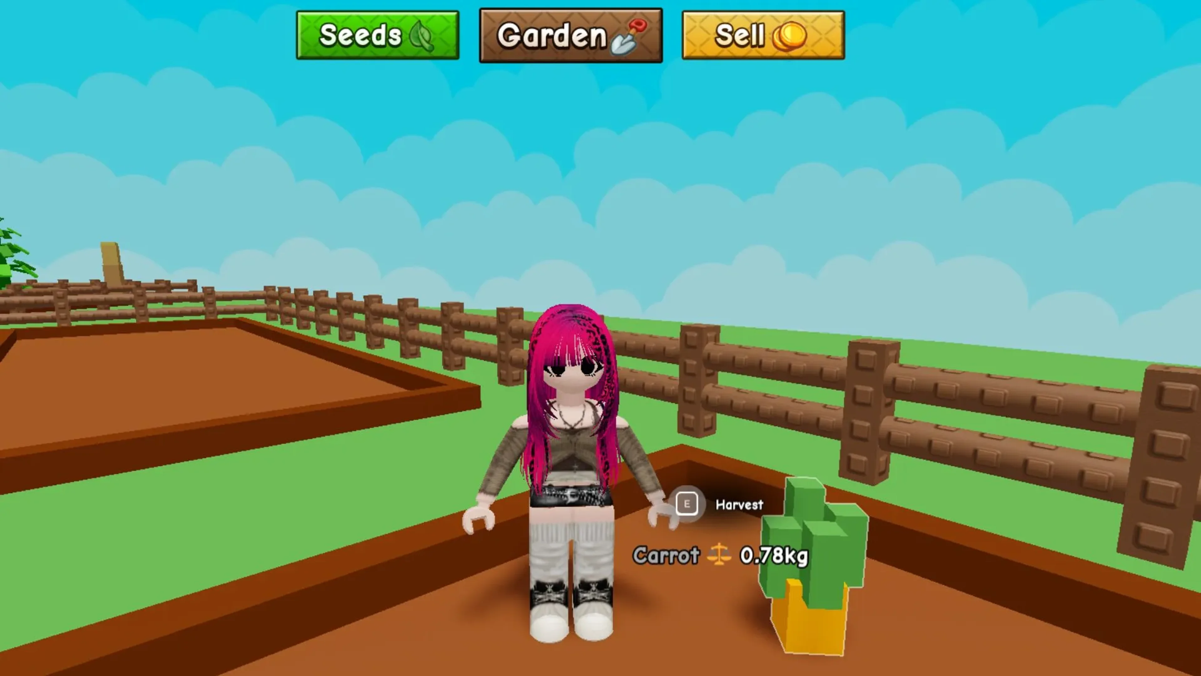 A player standing beside a ripe Carrot in an otherwise empty Grow a Garden 2 starter plot.
