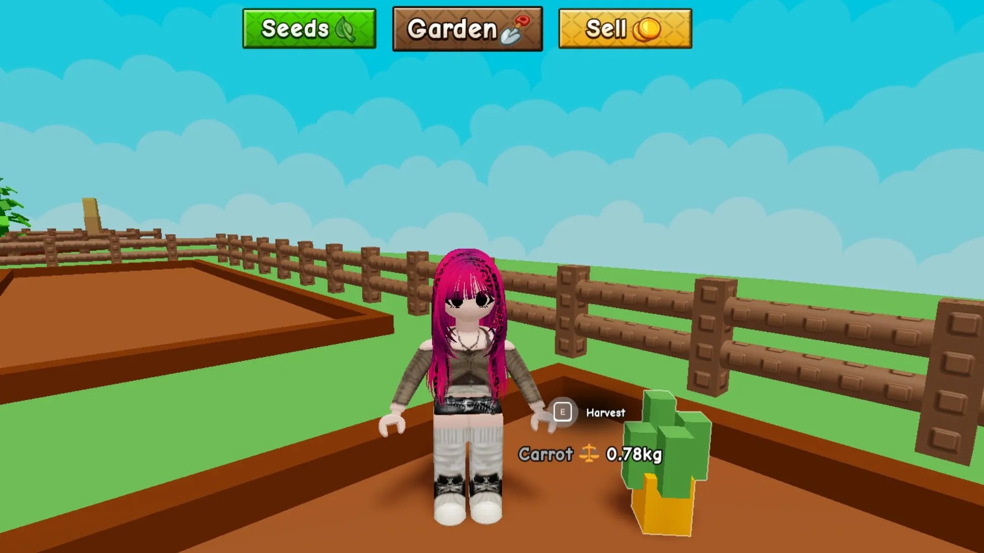 A player standing beside a ripe Carrot in an otherwise empty Grow a Garden 2 starter plot.
