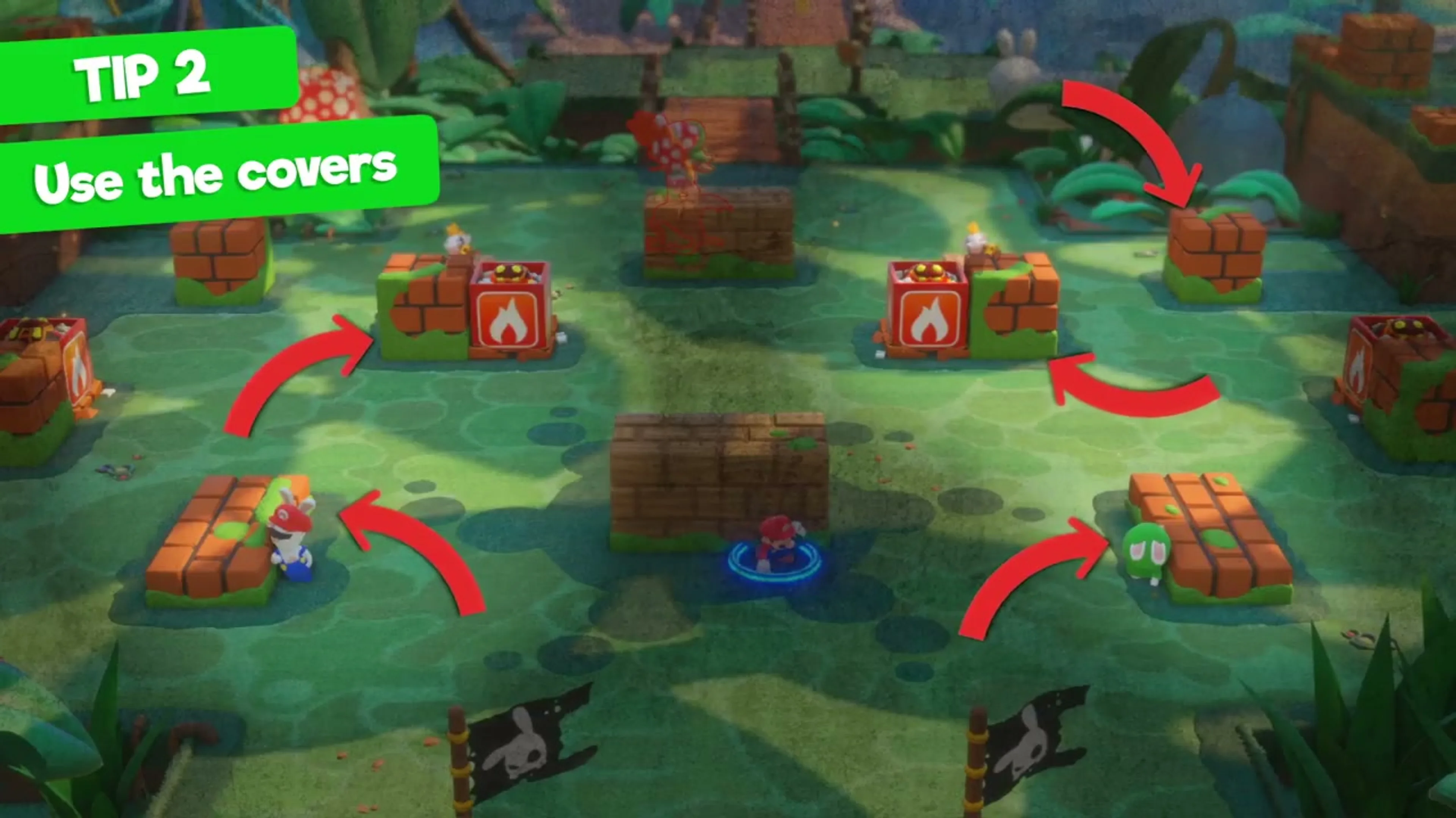 Ubisoft tutorial battlefield with red arrows pointing from heroes toward low brick cover blocks.