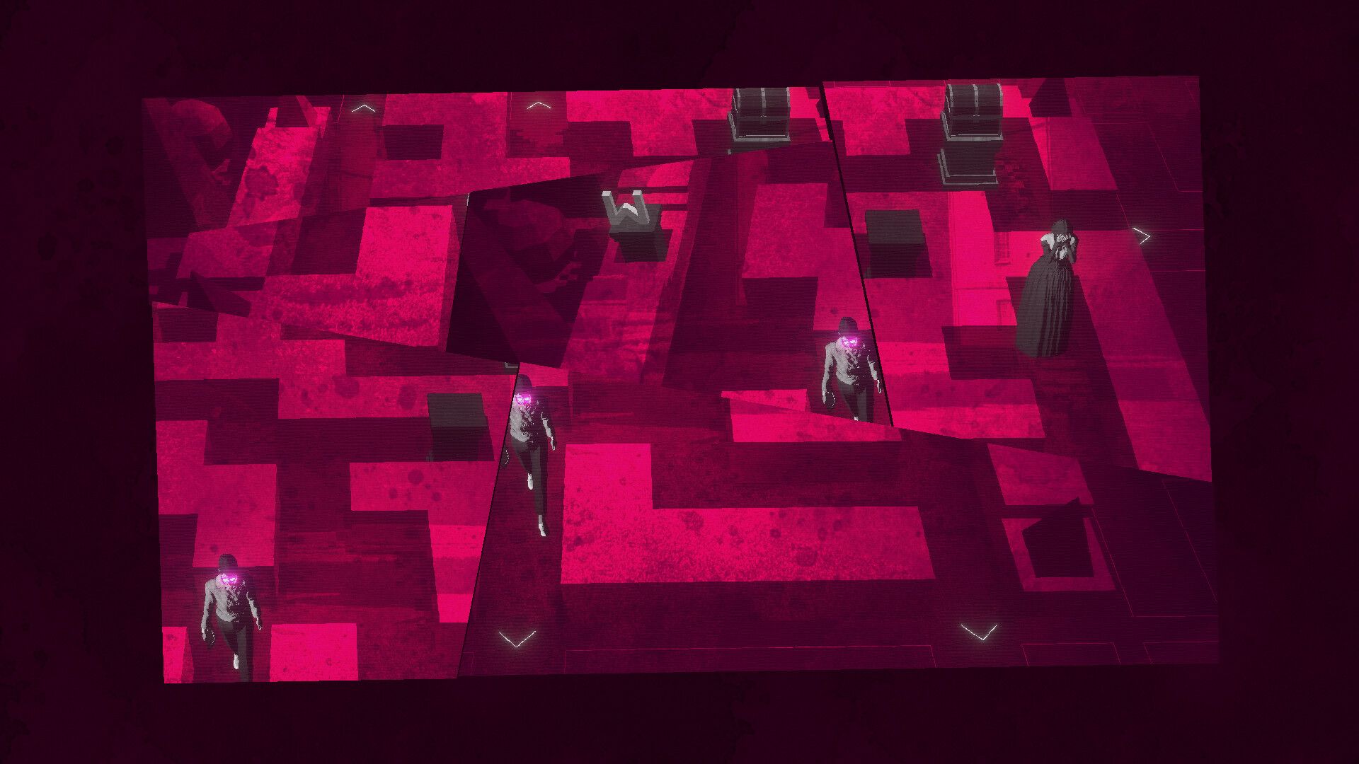 A pink-red overhead maze contains walls and several figures seen from above.
