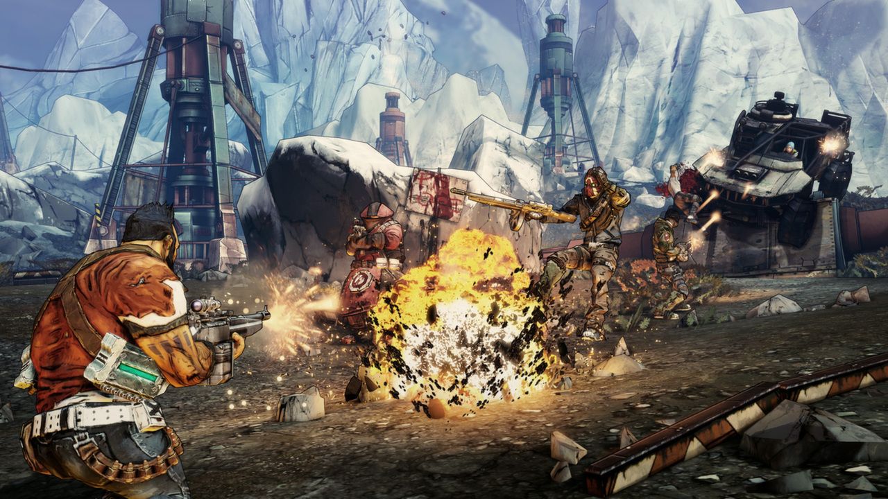 Vault Hunters fire at armed enemies around an explosion in a snowy area.