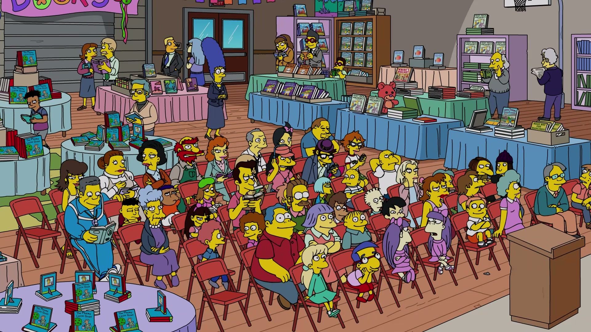 The Simpsons characters gather in a school scene.