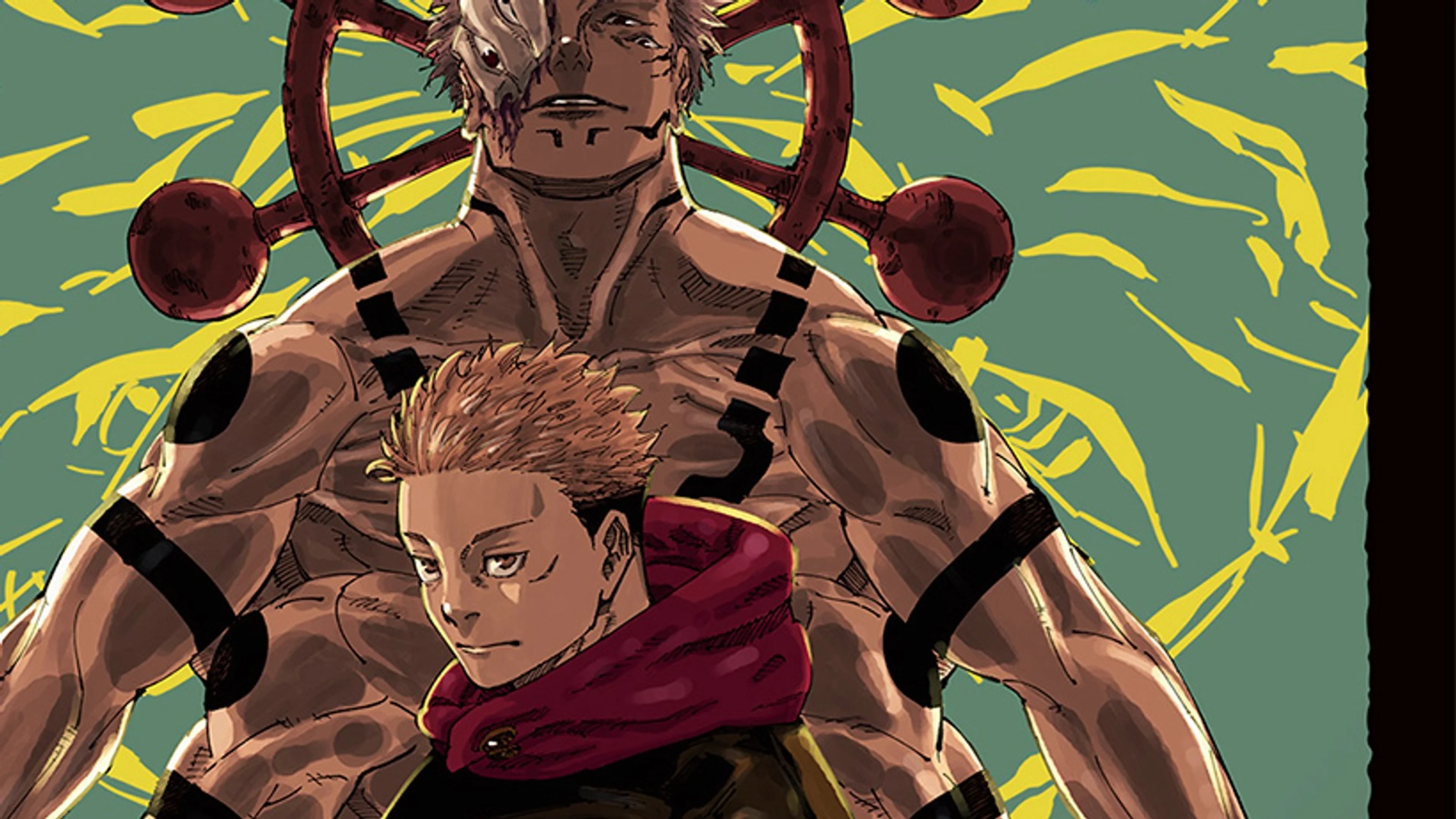 Sukuna looms above Yuji in a clean crop from the Jujutsu Kaisen final exhibition art.