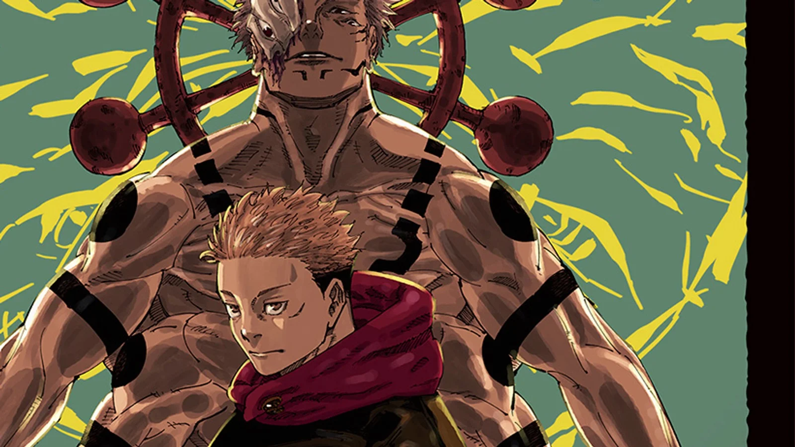 Sukuna looms above Yuji in a clean crop from the Jujutsu Kaisen final exhibition art.