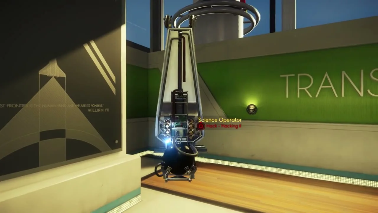 Small hovering Science Operator in front of a green TRANSTAR wall.