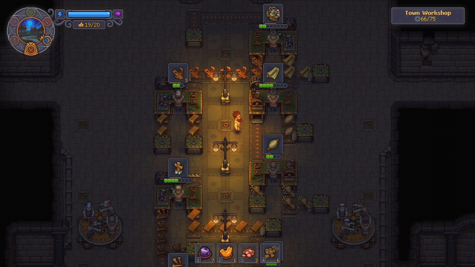 Armed undead workers line up indoors in Graveyard Keeper 2.