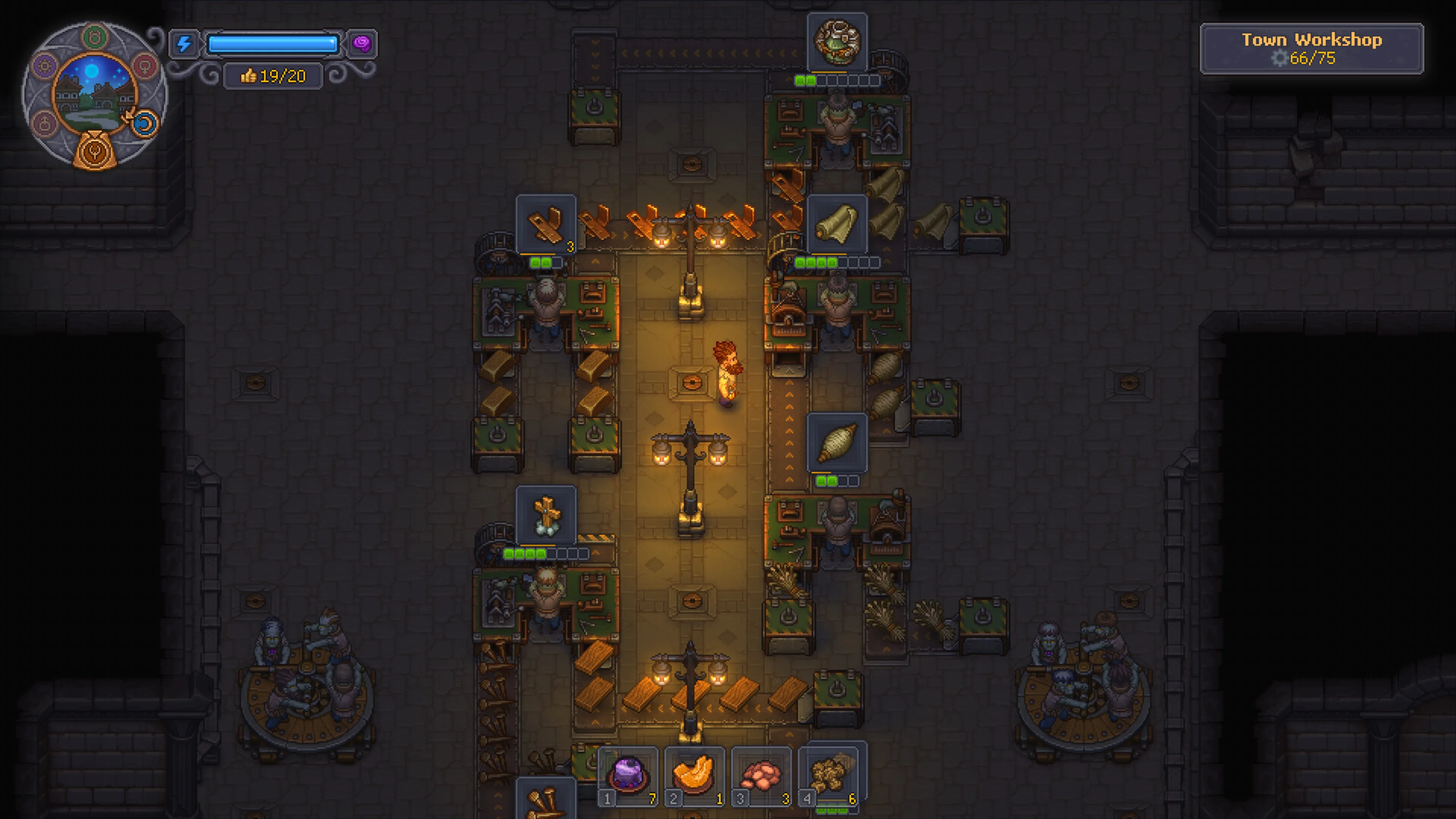 Armed undead workers line up indoors in Graveyard Keeper 2.