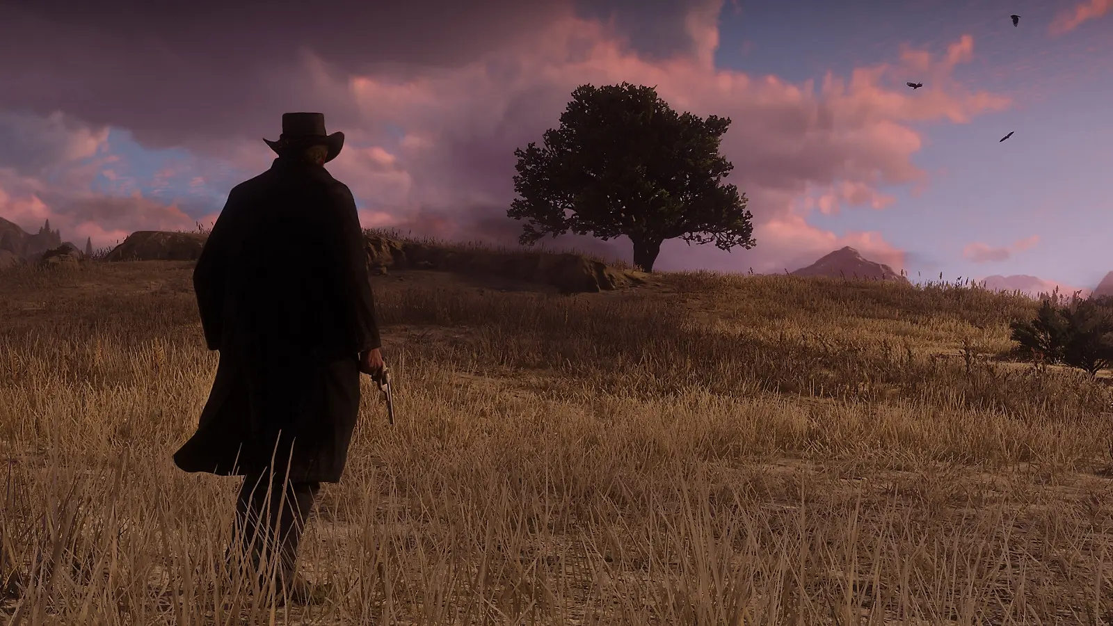Arthur Morgan riding across an open field at dusk in Red Dead Redemption 2.