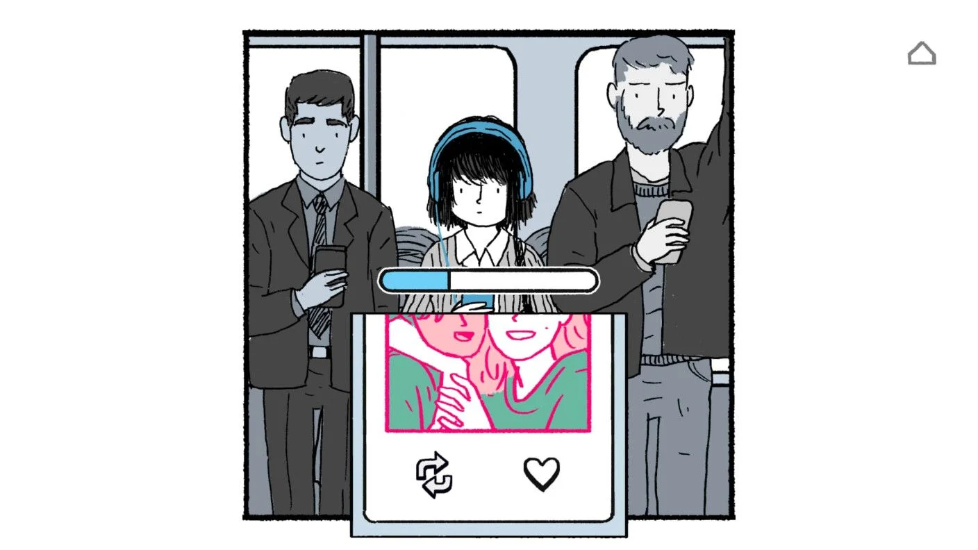 Florence sits between two people looking at phones, with a social media card in front.