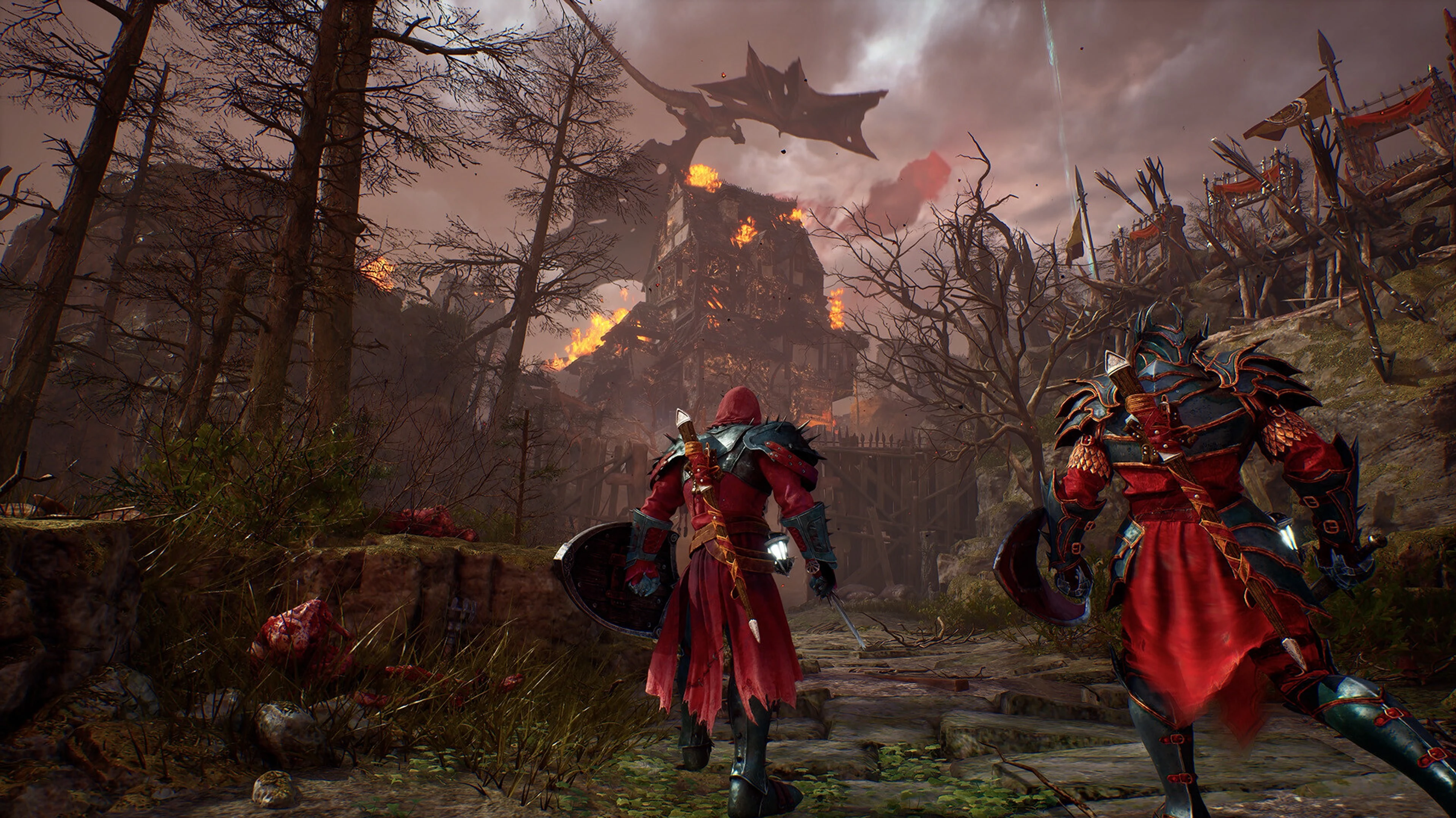 Two armored Crimson Moon Nephilim approach the burning city of Gildenarch beneath a flying monster.