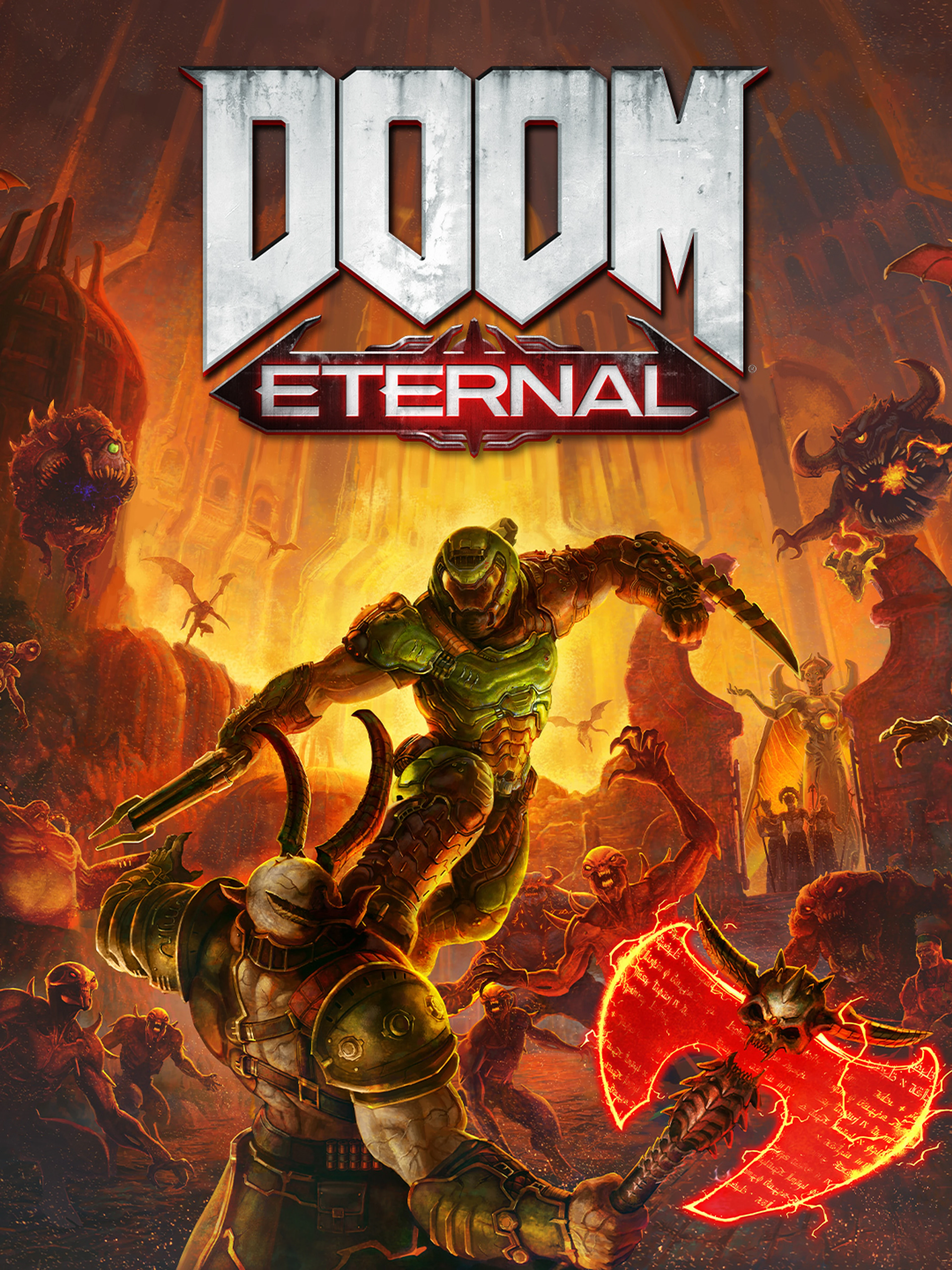 Official DOOM Eternal cover with the green-armored Slayer facing demons beneath the game logo.
