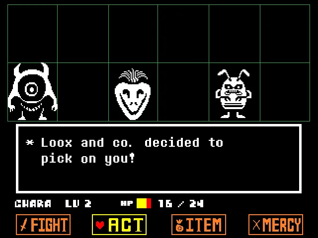 Official Undertale gameplay screenshot showing three distinct monsters above the text box, with the command row at the bottom.