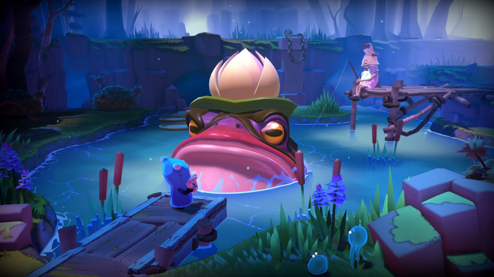 Ember stands beside a giant frog in blue water in The Last Campfire.