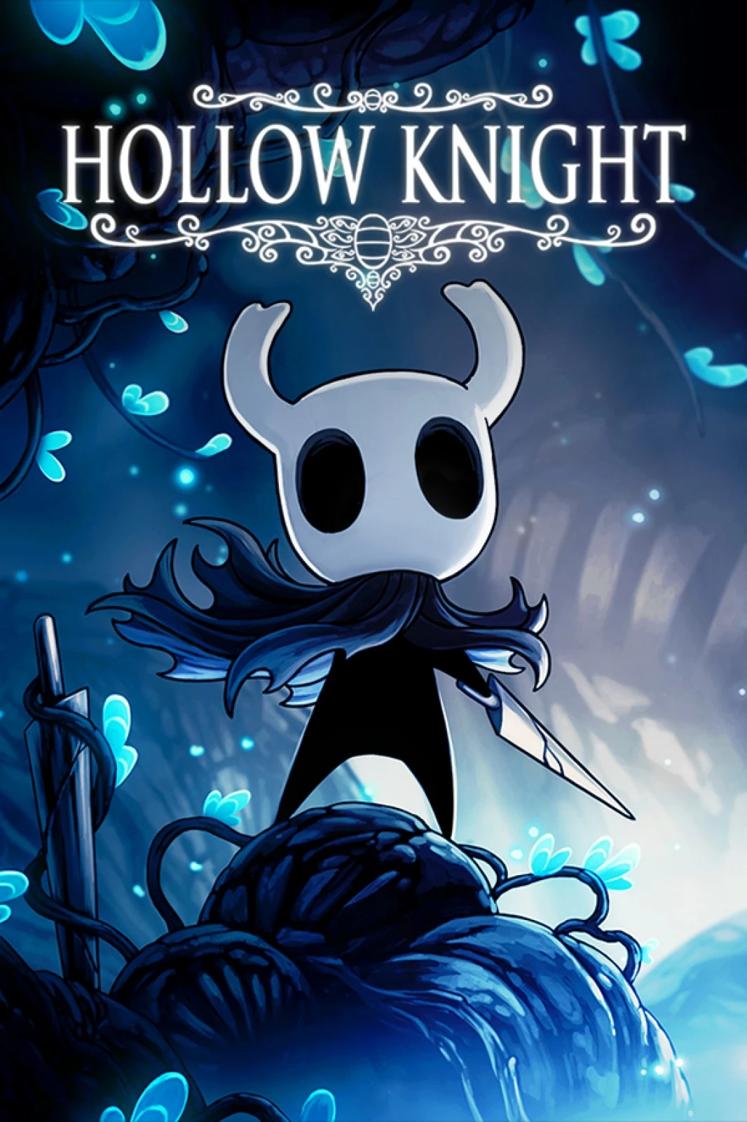 Official Hollow Knight key art with the small masked Knight in a blue cavern and the native title logo.