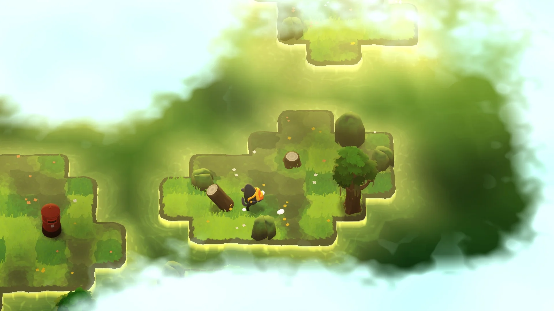 A small monster explores green islands linked by fallen tree trunks in A Monster's Expedition.