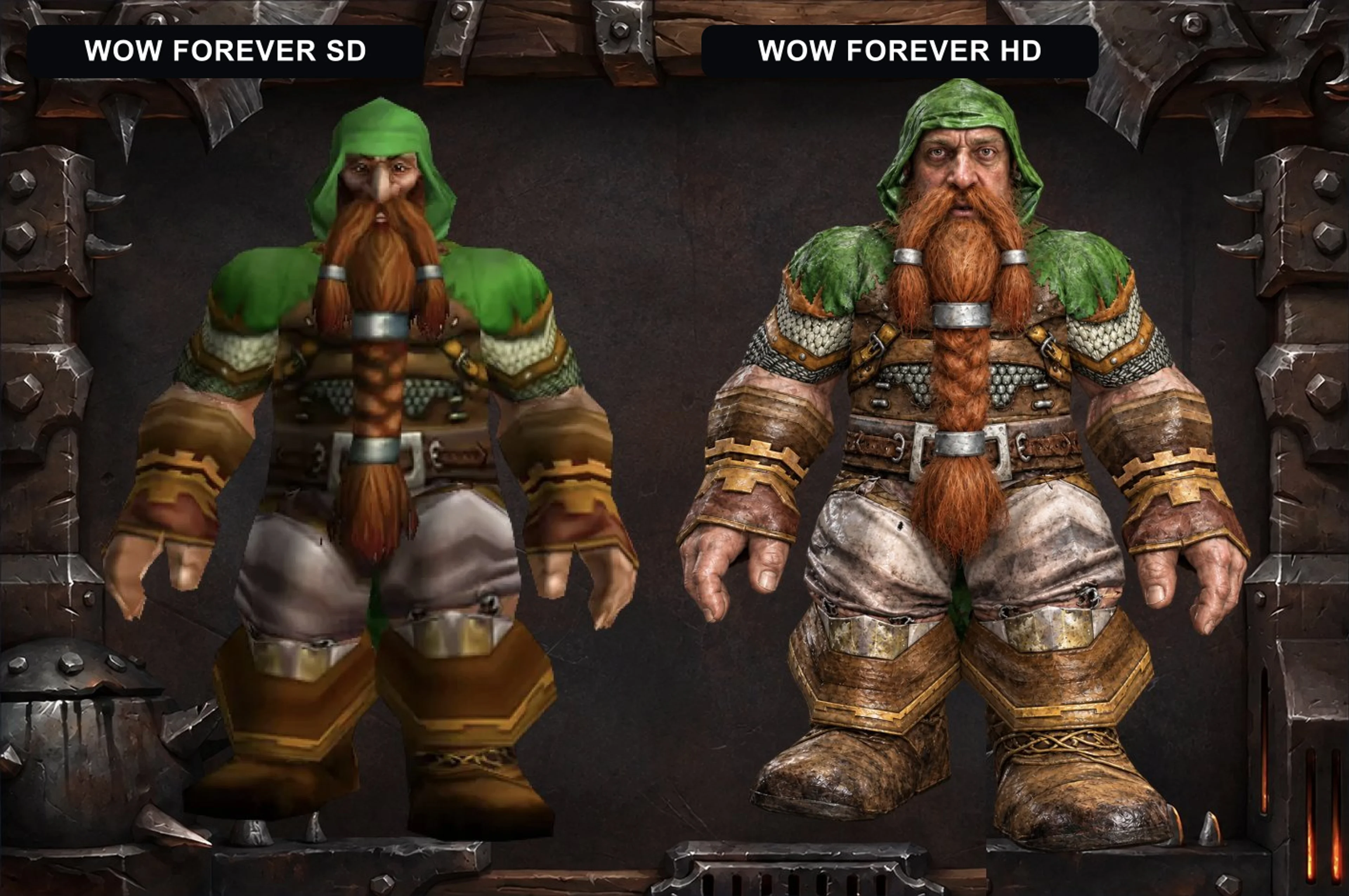 A dwarf character compared with WoW Forever SD on the left and WoW Forever HD on the right.