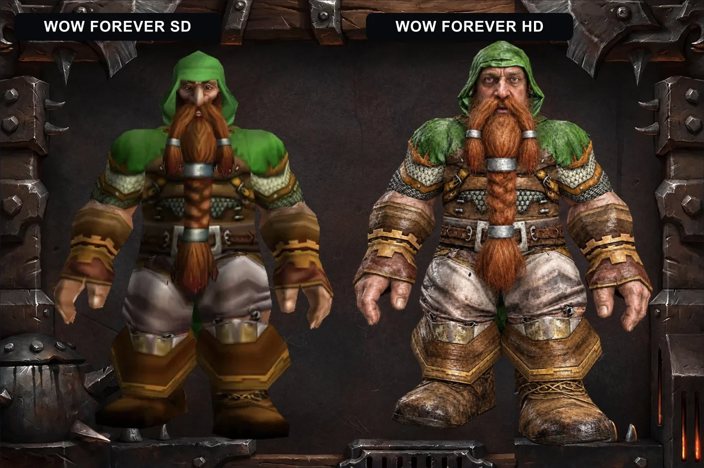 A dwarf character compared with WoW Forever SD on the left and WoW Forever HD on the right.