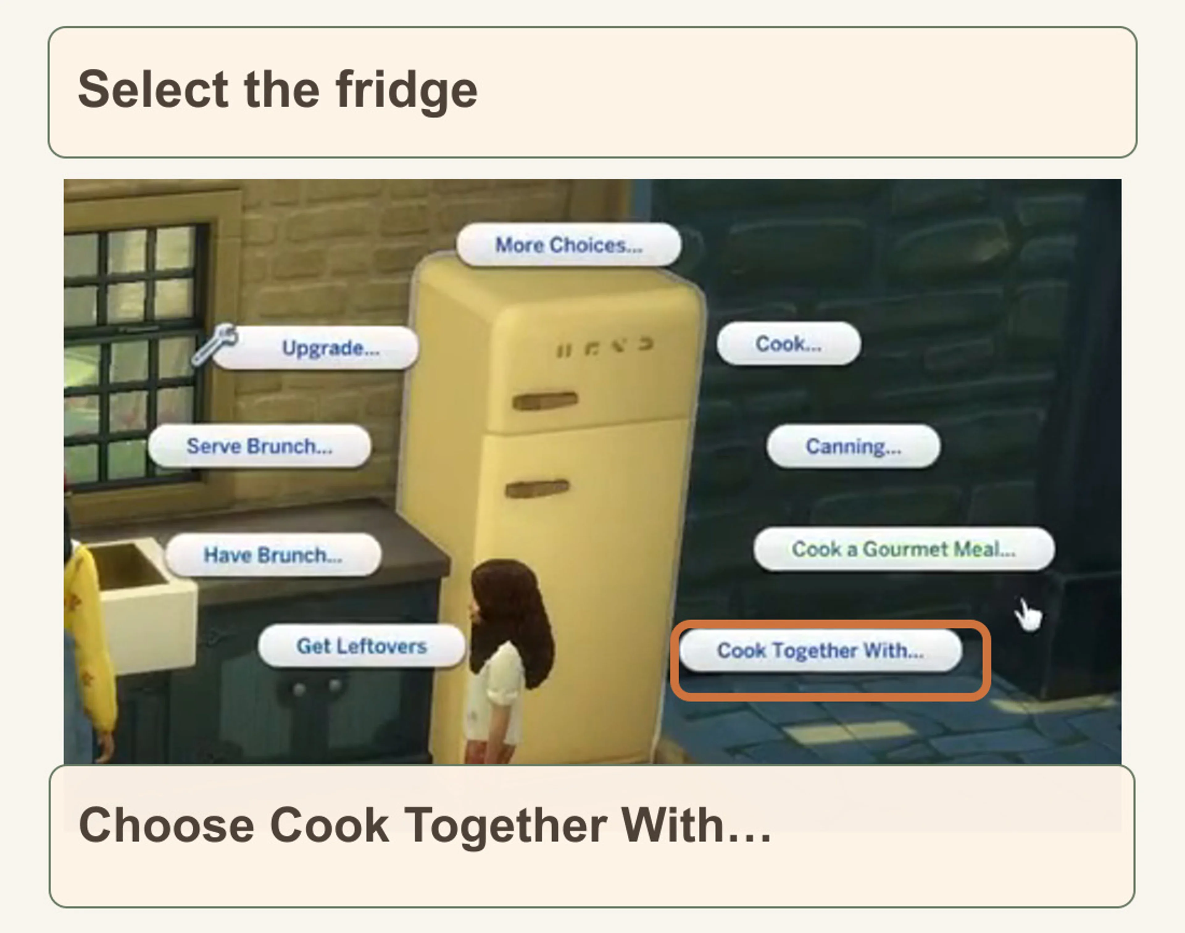 Official Sims gameplay crop shows a fridge with separate Cook and Cook Together With menu bubbles; Cook Together With is outlined.