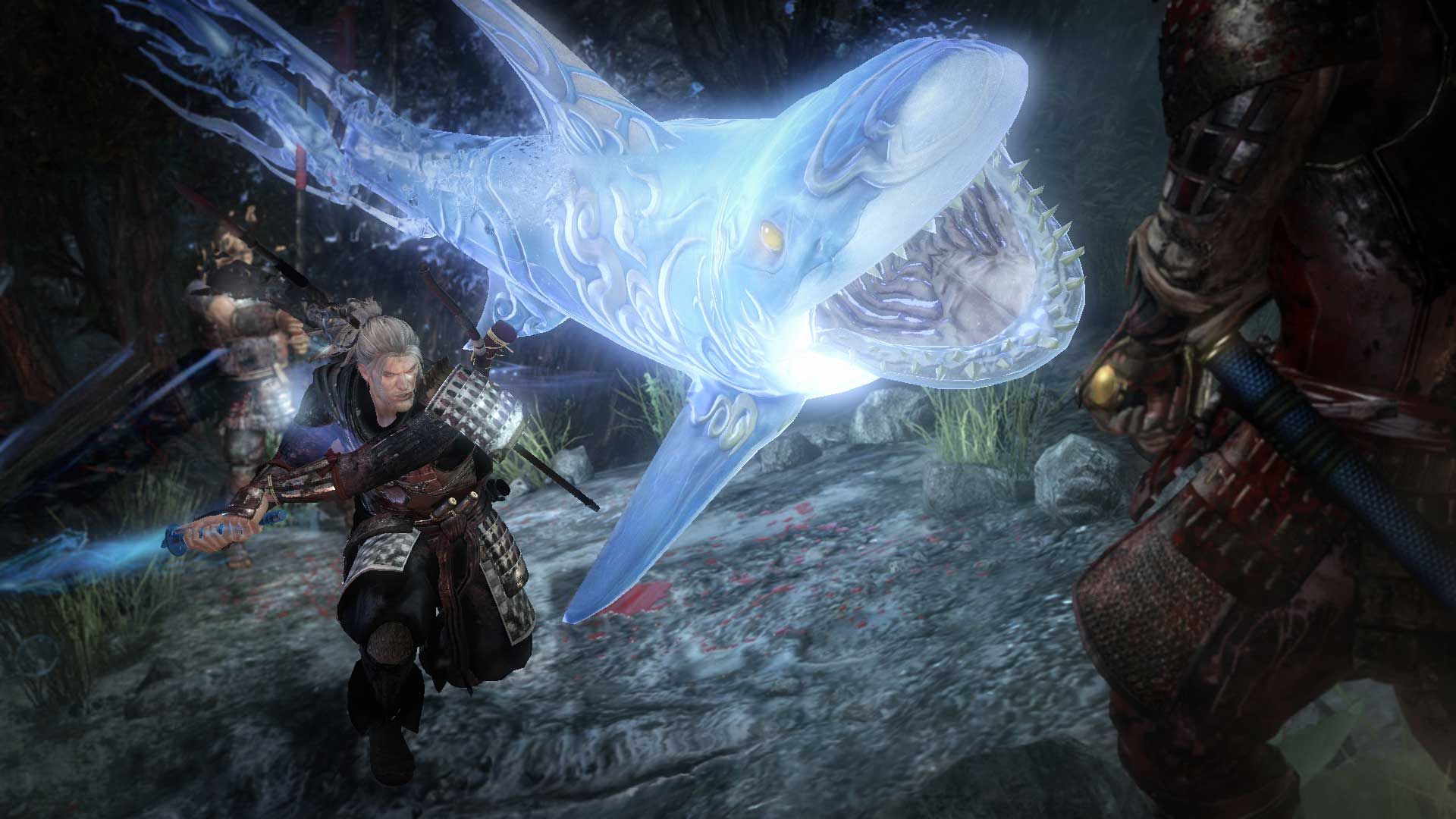William attacks while a large glowing shark-shaped spirit fills the scene.