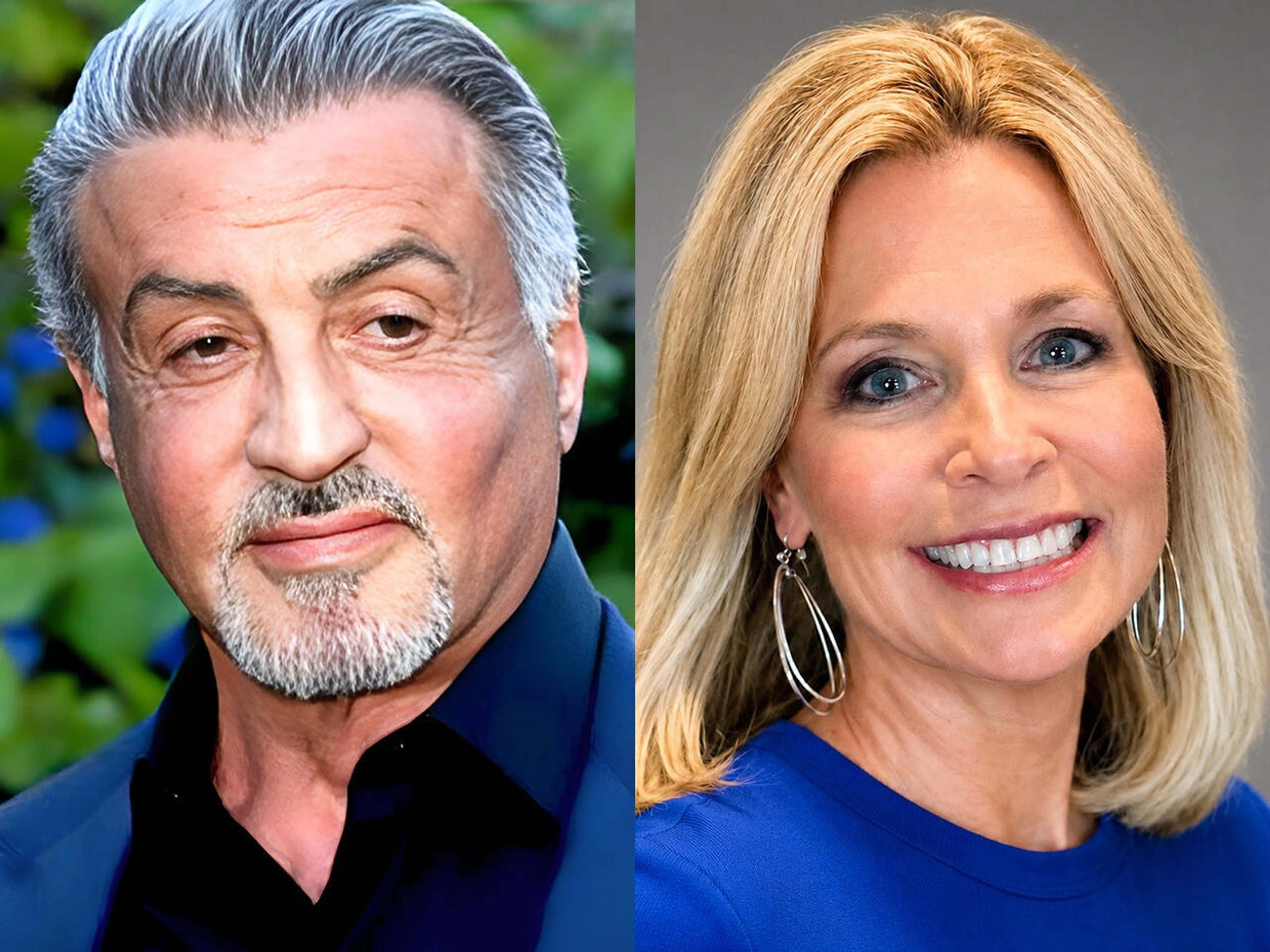 Portraits of Sylvester Stallone and interviewer Tracy Smith side by side ahead of their CBS Sunday Morning conversation.