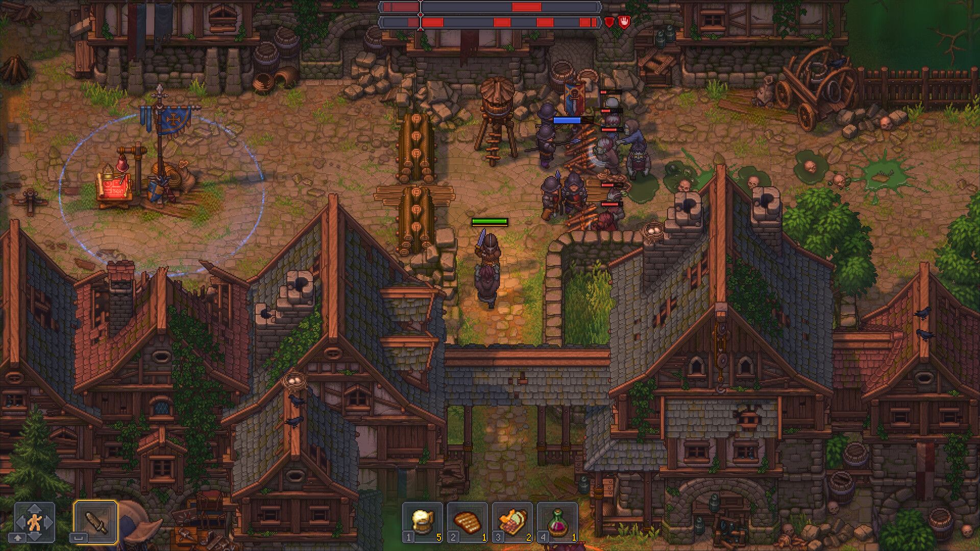 A town full of buildings and streets in Graveyard Keeper 2.
