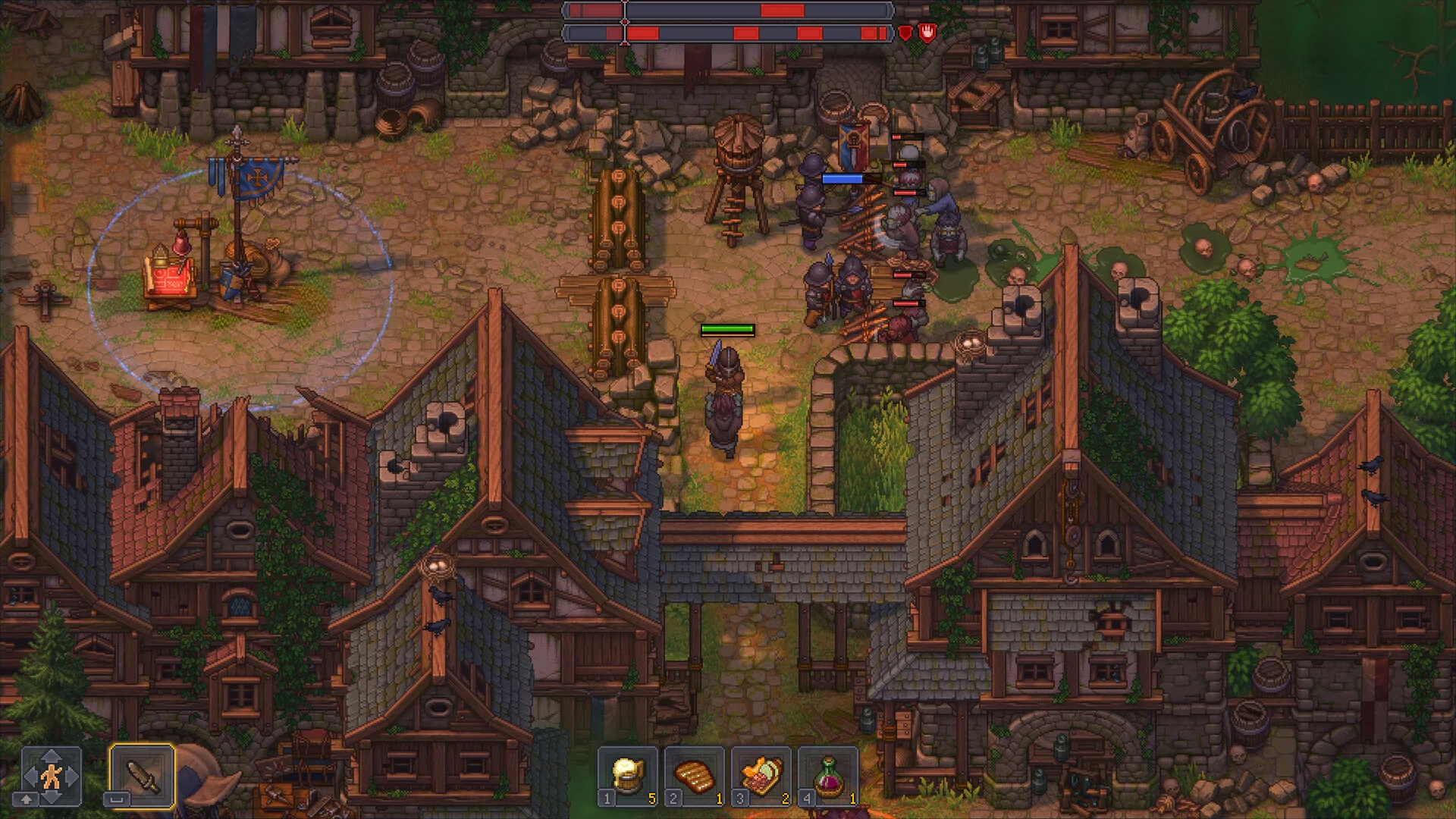 A town full of buildings and streets in Graveyard Keeper 2.