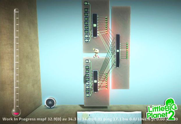 A tall arrangement of wired logic boards in the LittleBigPlanet 2 pre-release calculator demonstration.