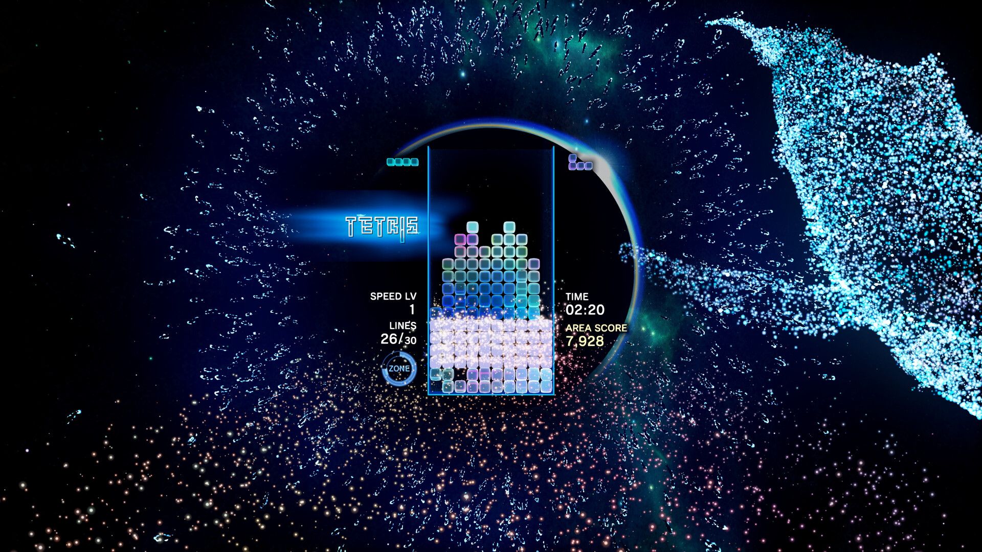 A narrow Tetris playfield stands amid glowing blue aquatic lights.