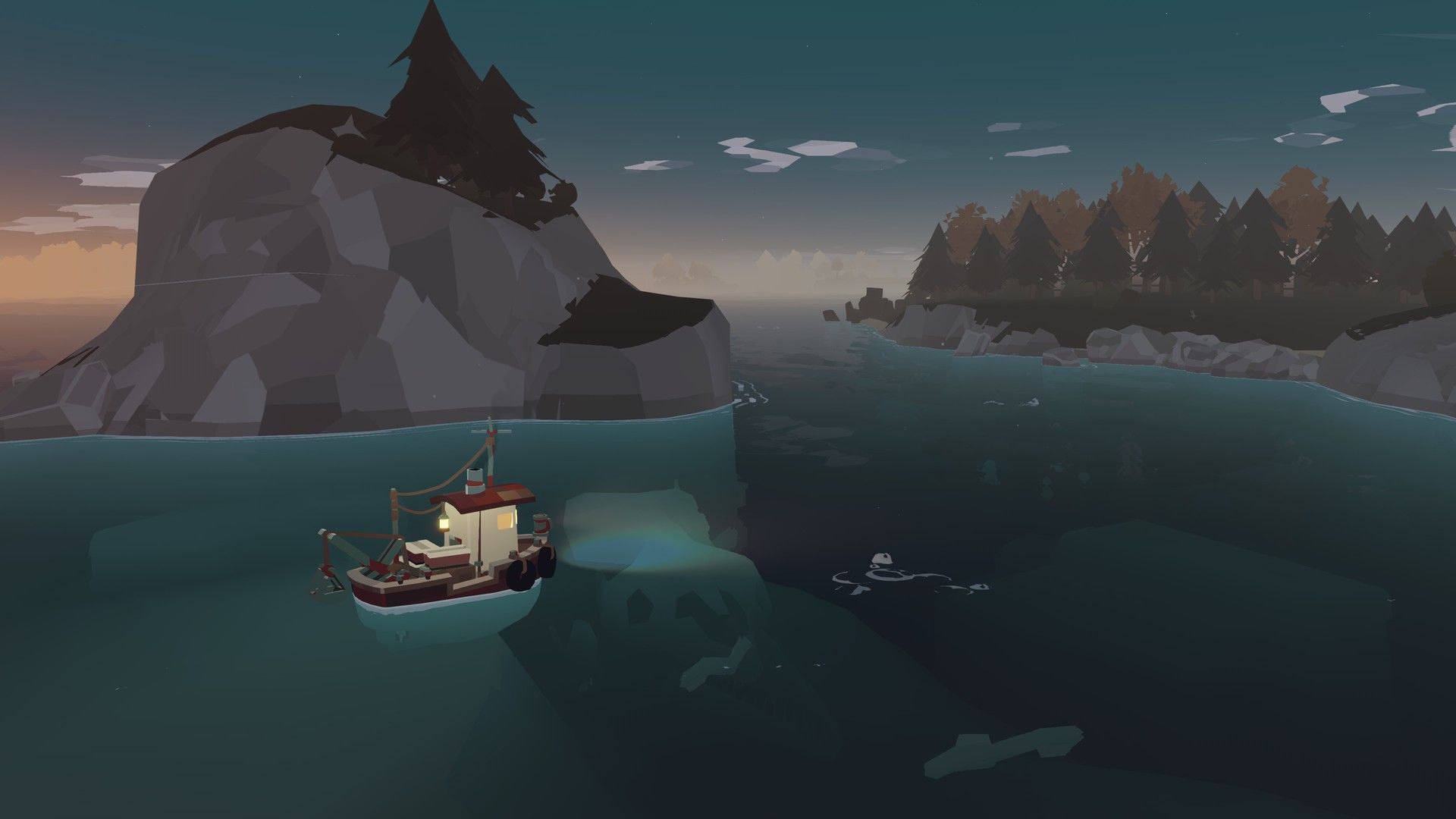 A boat travels between rocky islands with its lights on as the evening darkens.