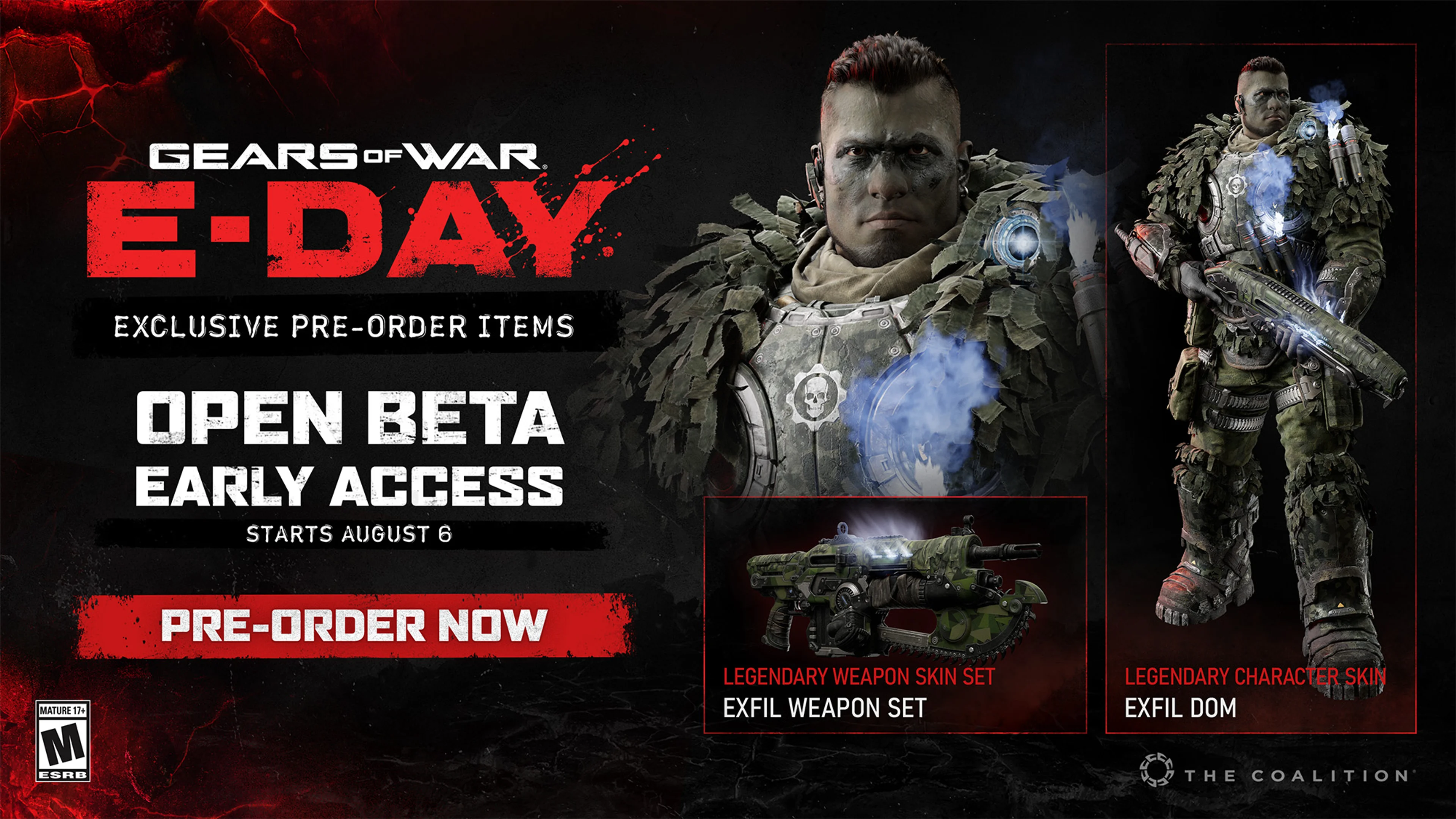 Exfil Dom and the Exfil weapon set appear beside the Gears of War: E-Day Open Beta early-access offer.