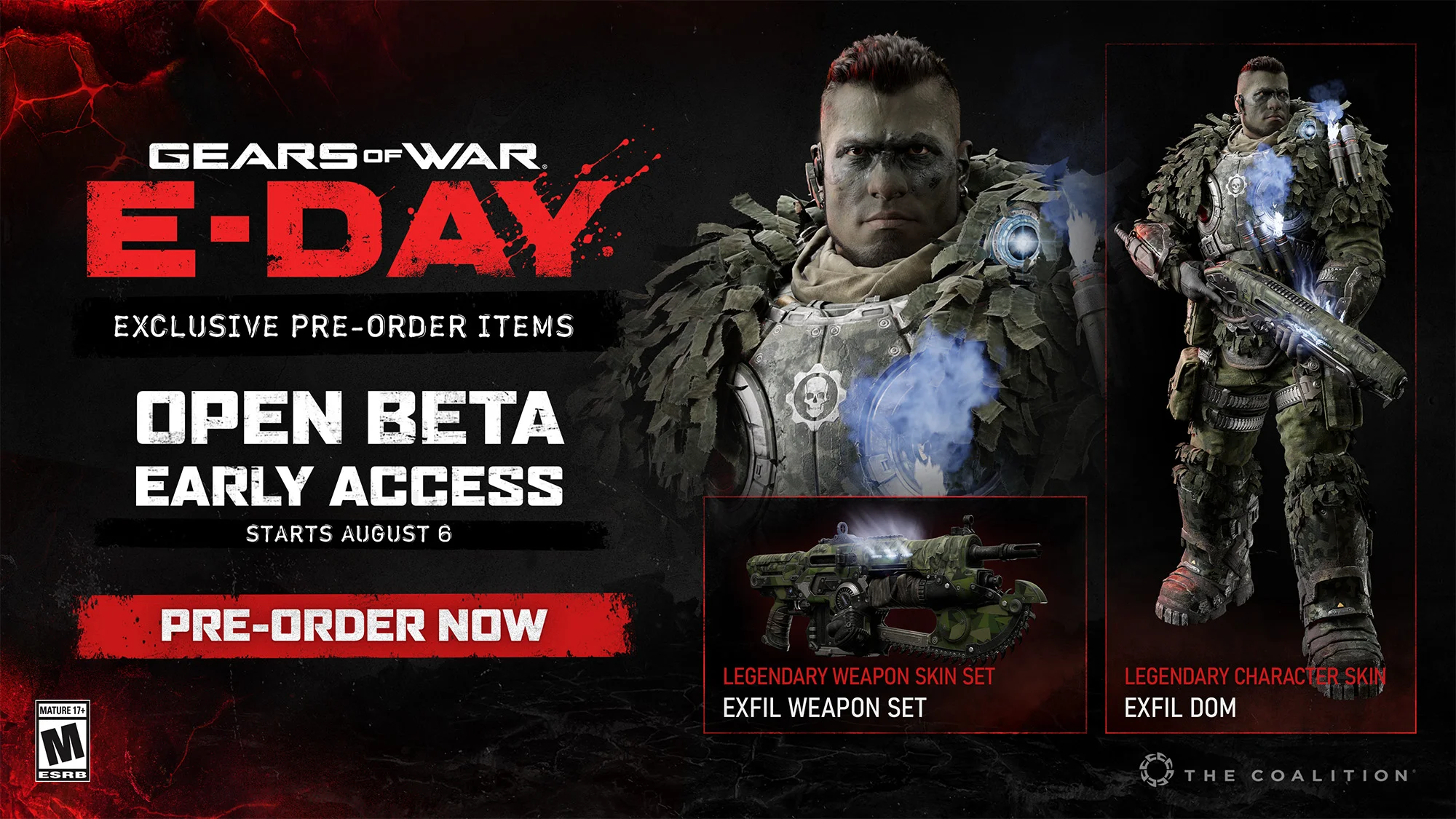Exfil Dom and the Exfil weapon set appear beside the Gears of War: E-Day Open Beta early-access offer.