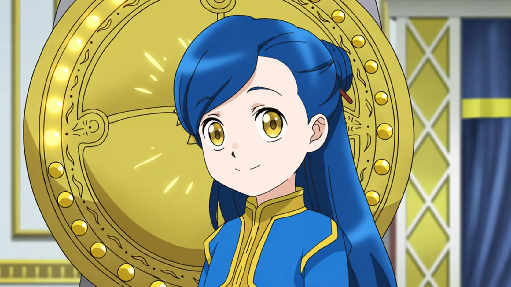 Myne in blue-and-gold robes stands before a golden circular ornament in an earlier Ascendance of a Bookworm season.