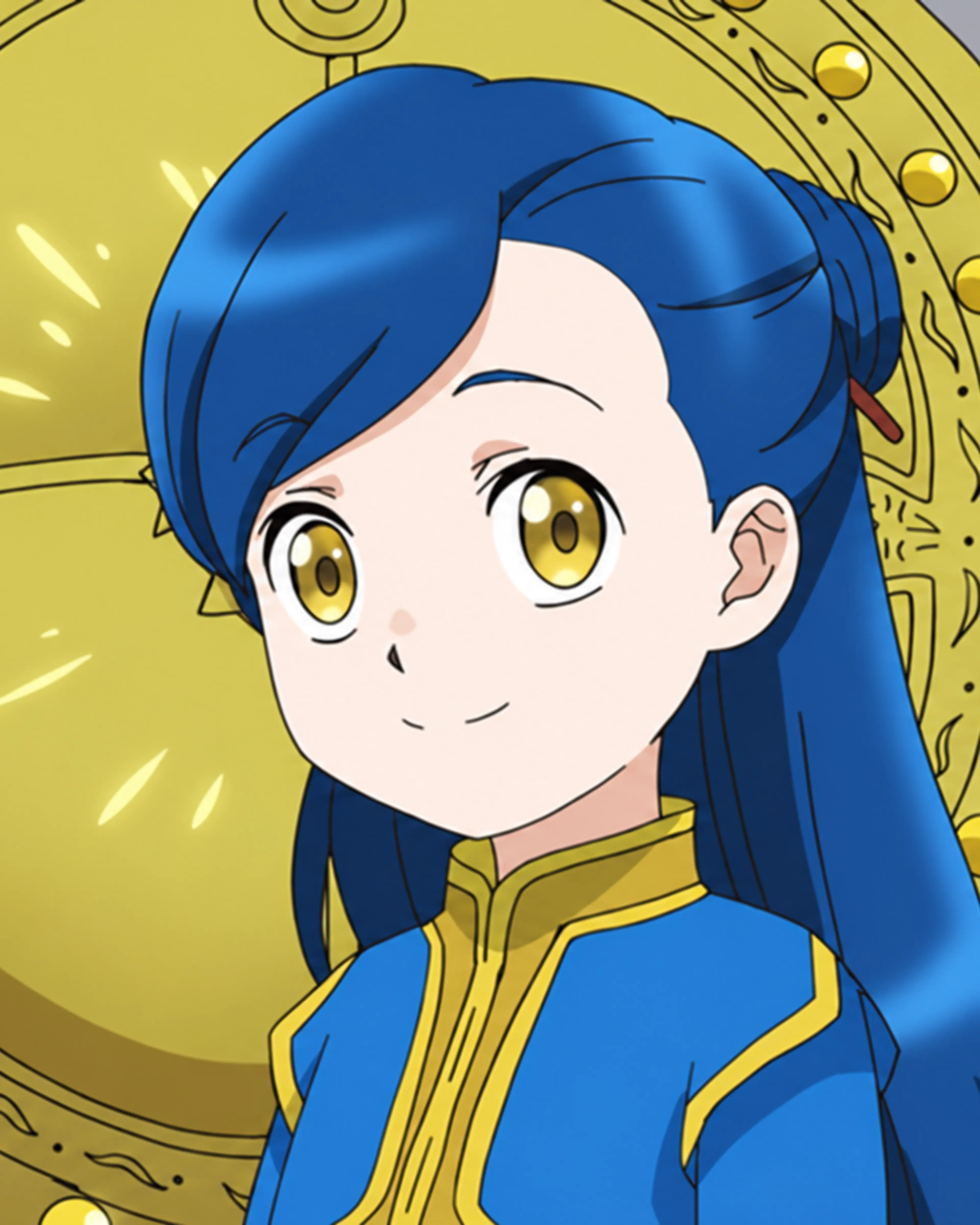 Myne in blue-and-gold robes stands before a golden circular ornament in an earlier Ascendance of a Bookworm season.