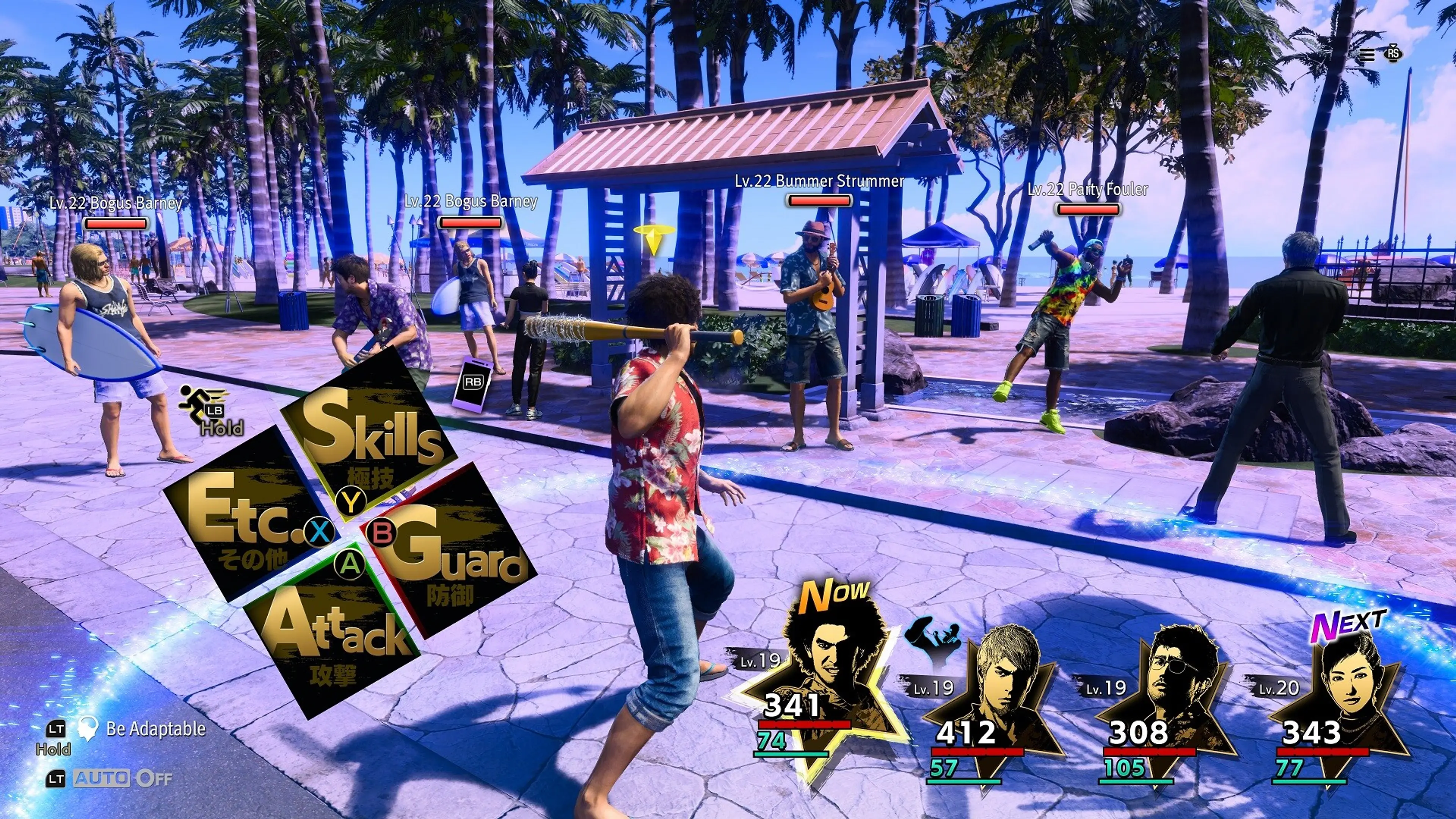 Ichiban holds a bat during a turn-based battle beside the beach in Like a Dragon: Infinite Wealth.