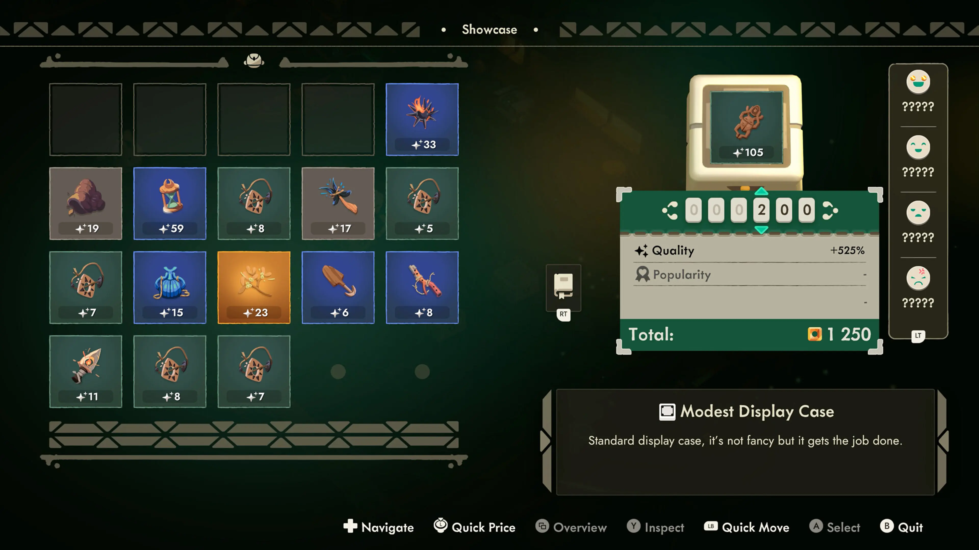 The Moonlighter 2 showcase screen compares relic quality, price, and customer reactions.