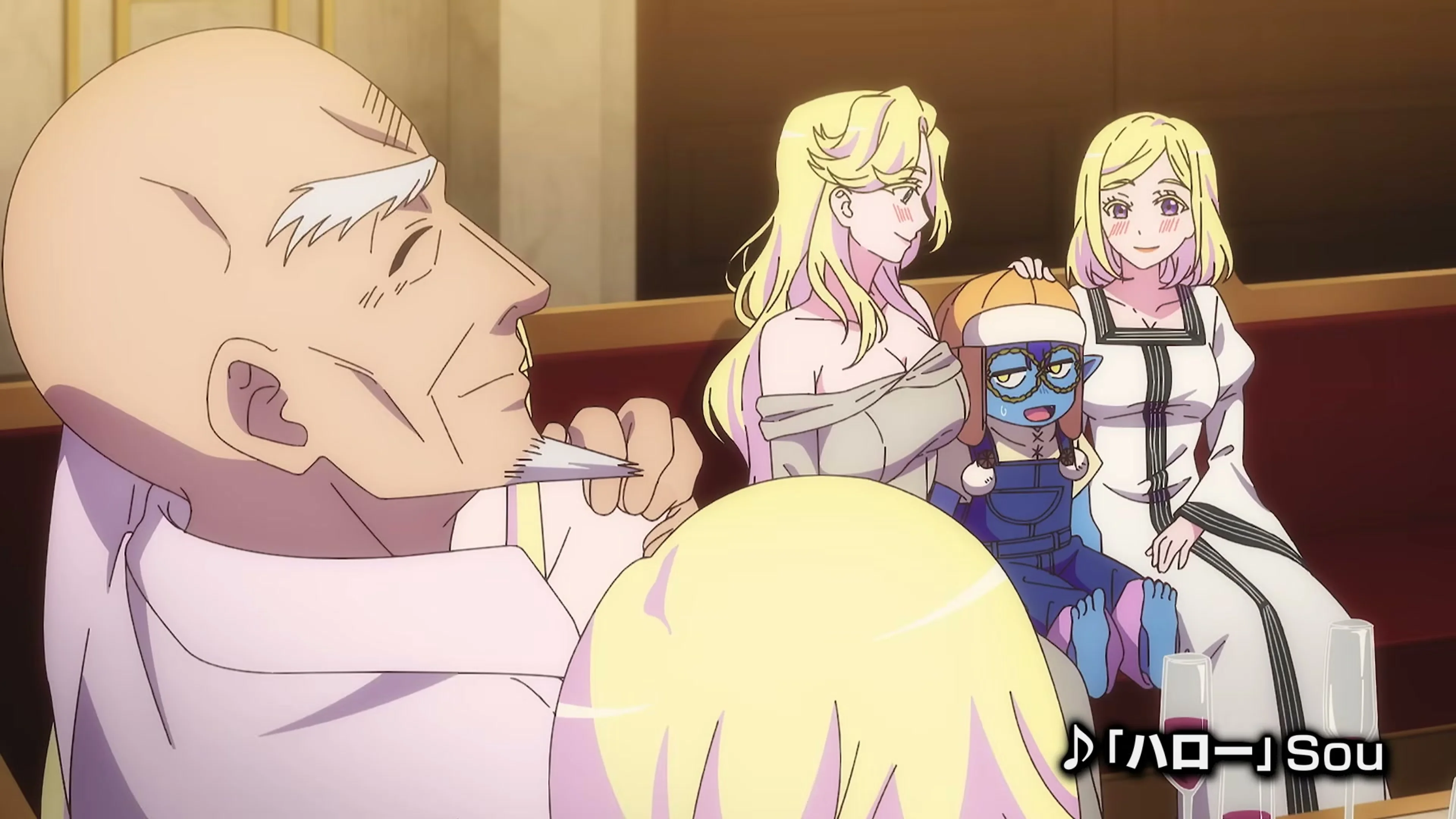 Akira and two women face a seated human official in the anime trailer.
