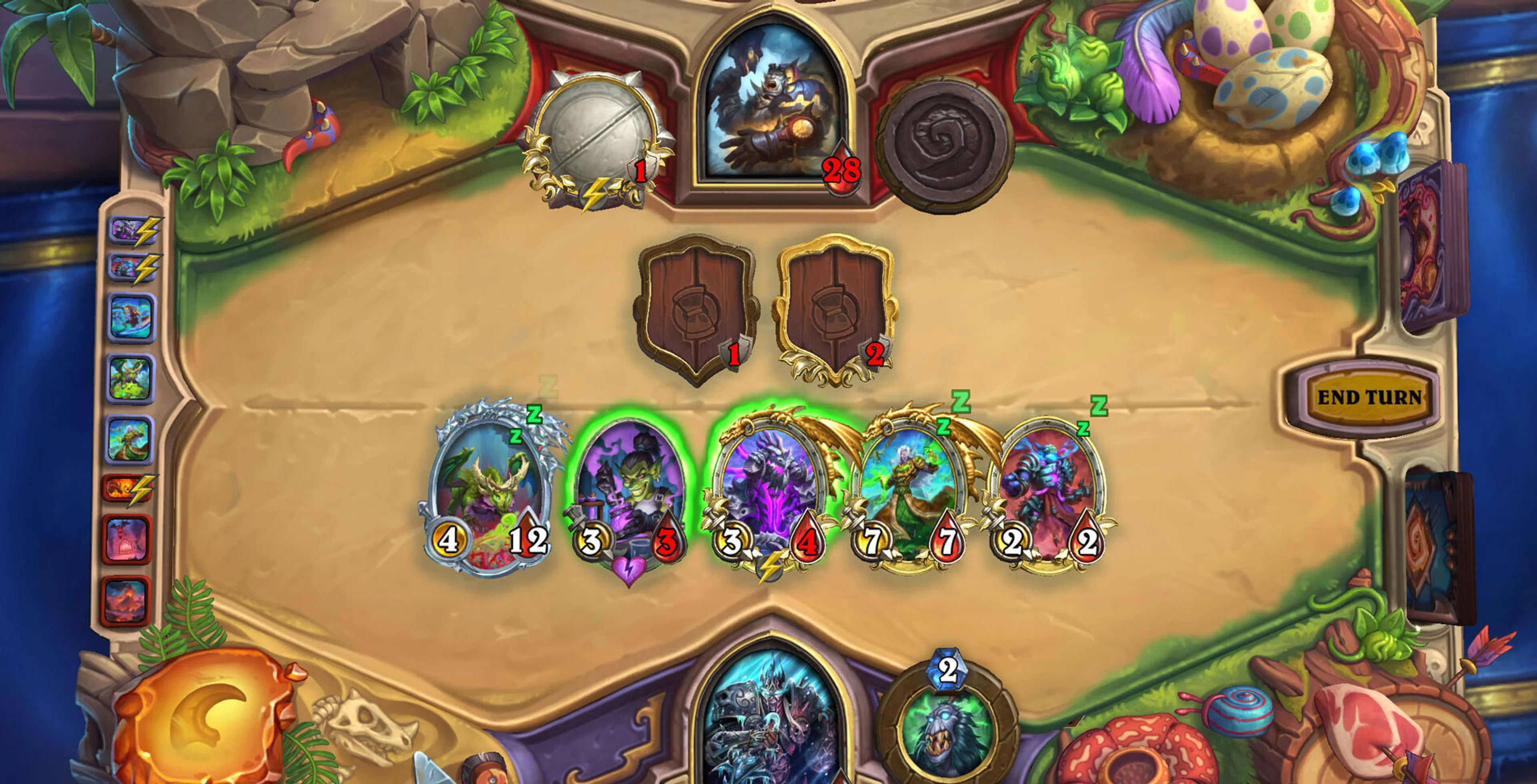 Official 2026 Hearthstone match screenshot with the opponent hero at top, player hero at bottom, minions on both halves and a yellow End Turn button at right.