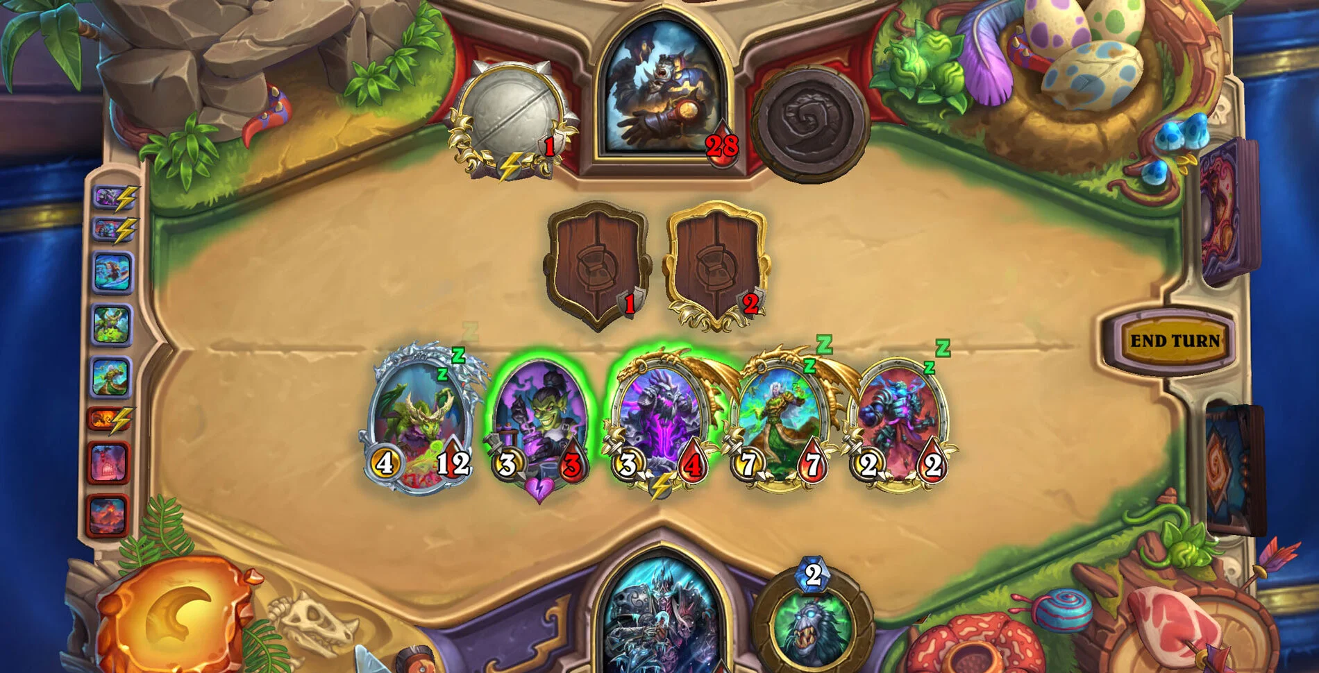 Official 2026 Hearthstone match screenshot with the opponent hero at top, player hero at bottom, minions on both halves and a yellow End Turn button at right.