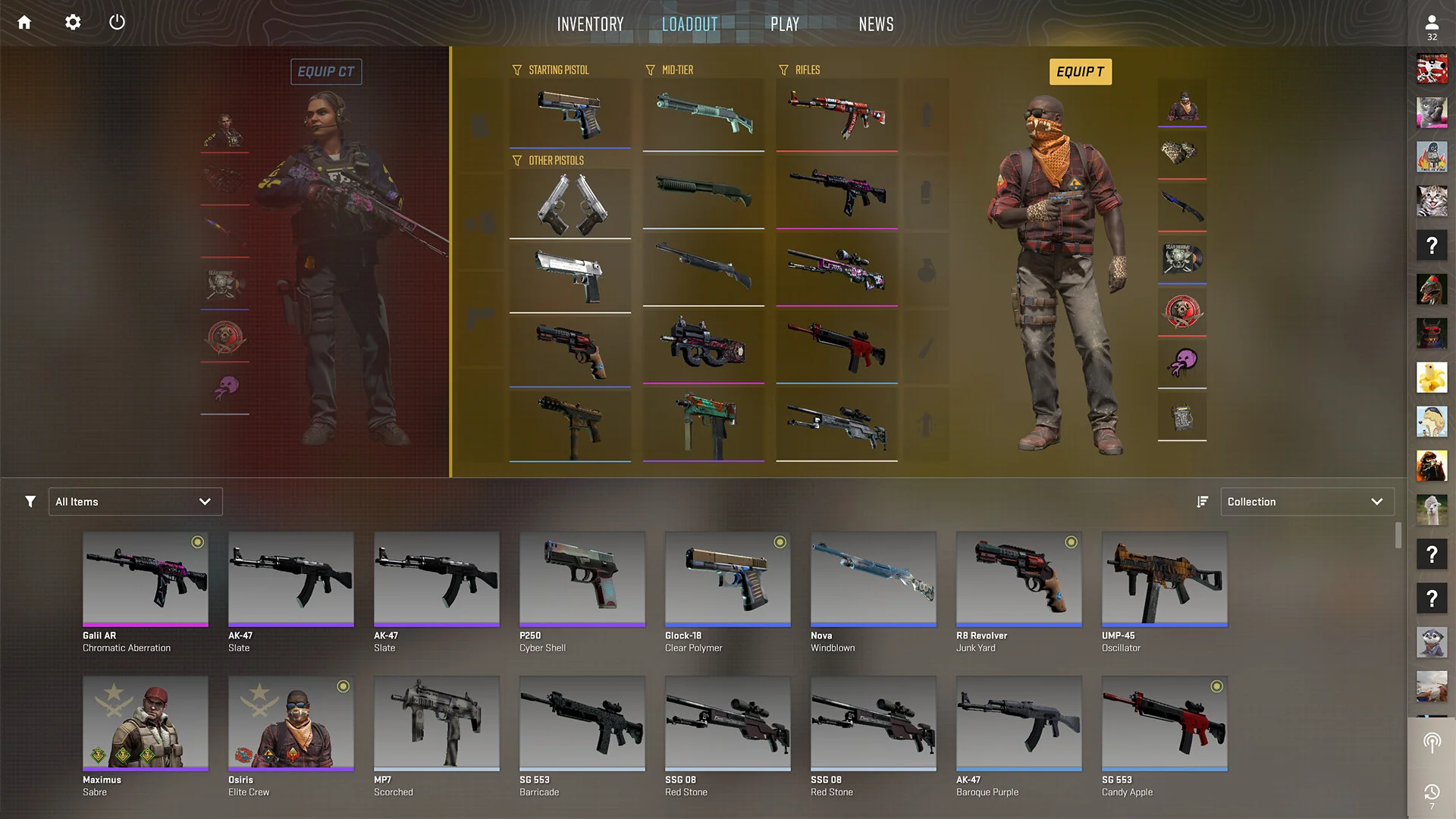 Counter-Strike 2 loadout screen displaying Counter-Terrorist and Terrorist weapon choices.